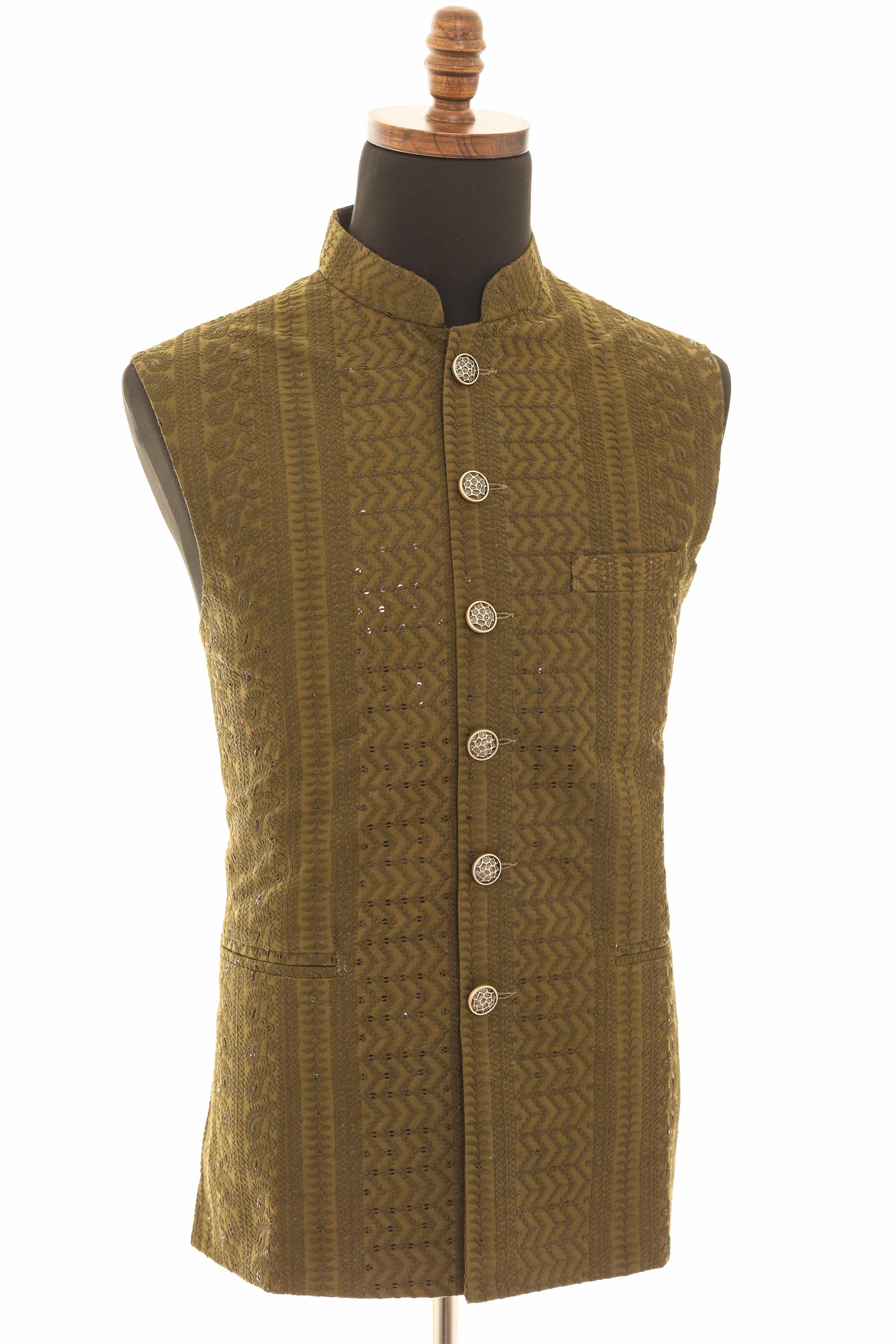 Mens Dark Olive Green Nehru Vest  Self-Embroidered Fabric with Sequins