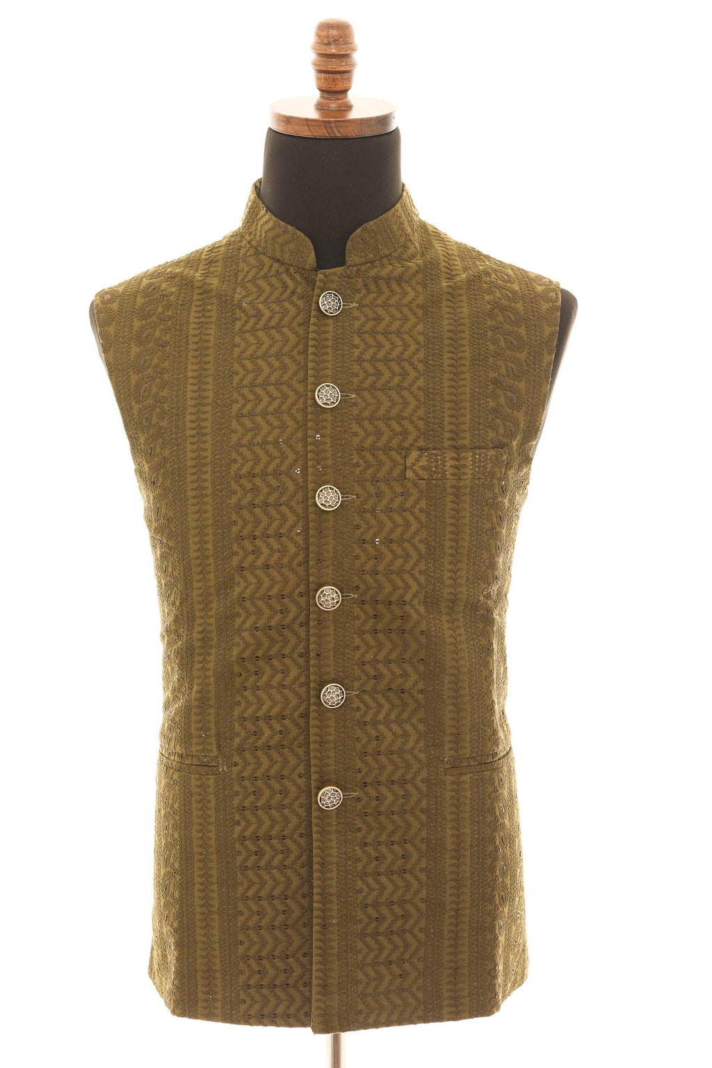 Mens Dark Olive Green Nehru Vest  Self-Embroidered Fabric with Sequins
