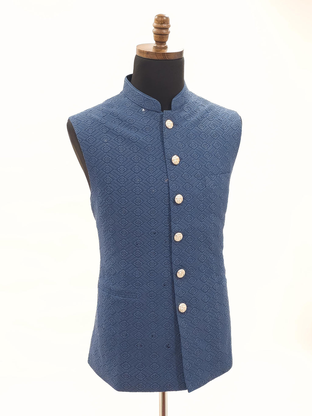 Mens Blue Nehru Vest  Self-Embroidered Fabric