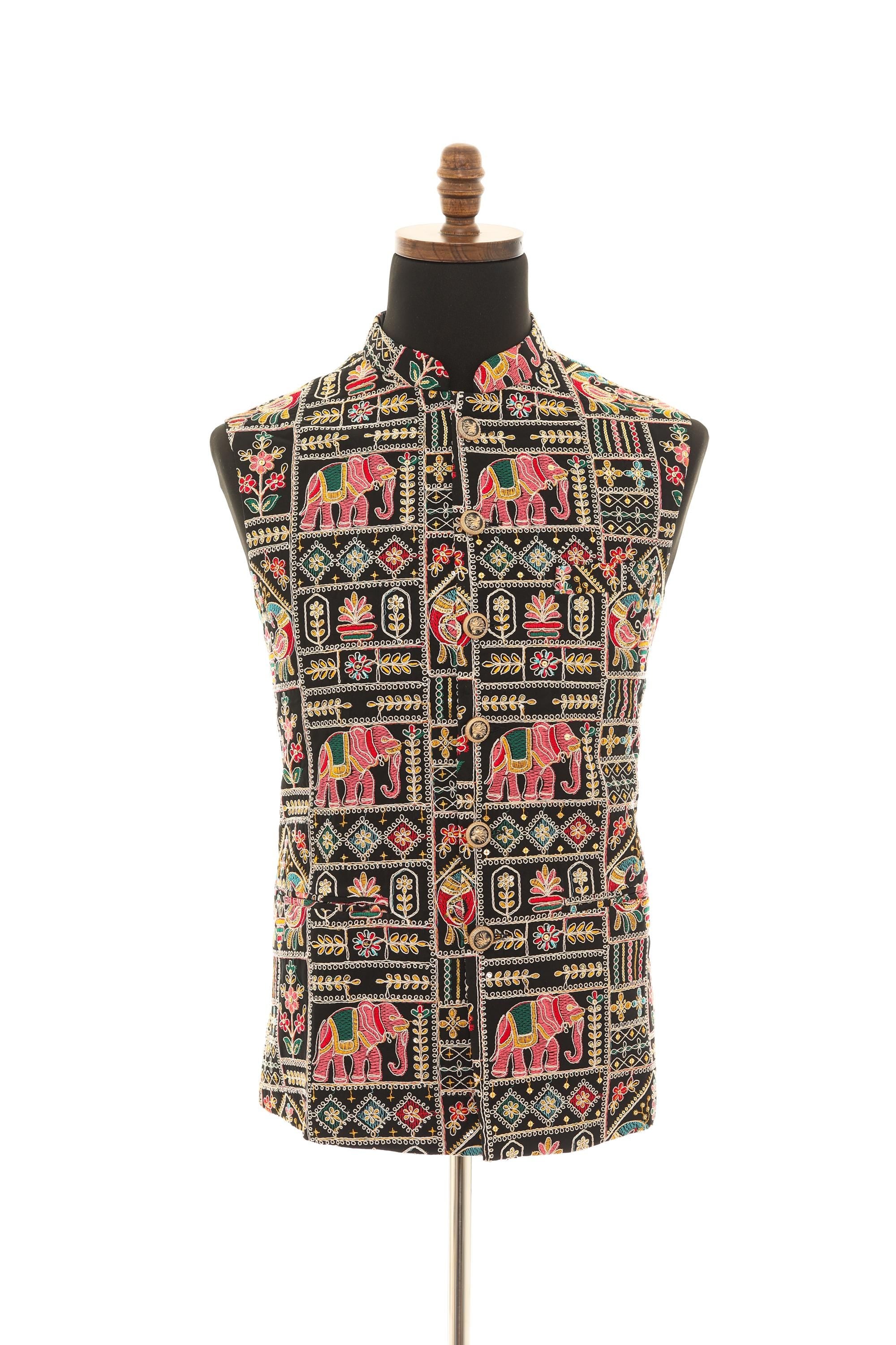 Mens Black Vest with Multi-Colored Embroidery-Sequins