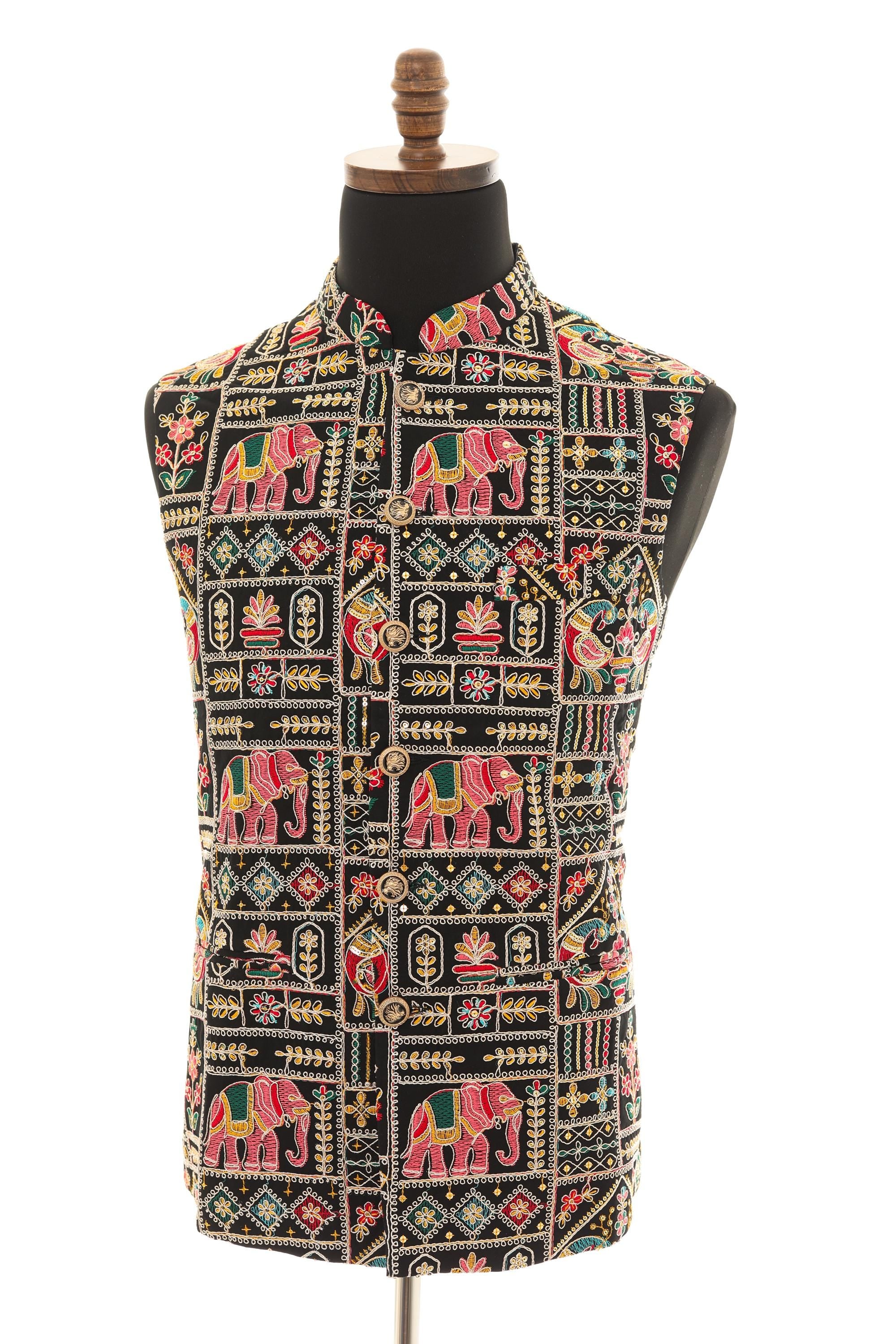 Mens Black Vest with Multi-Colored Embroidery-Sequins