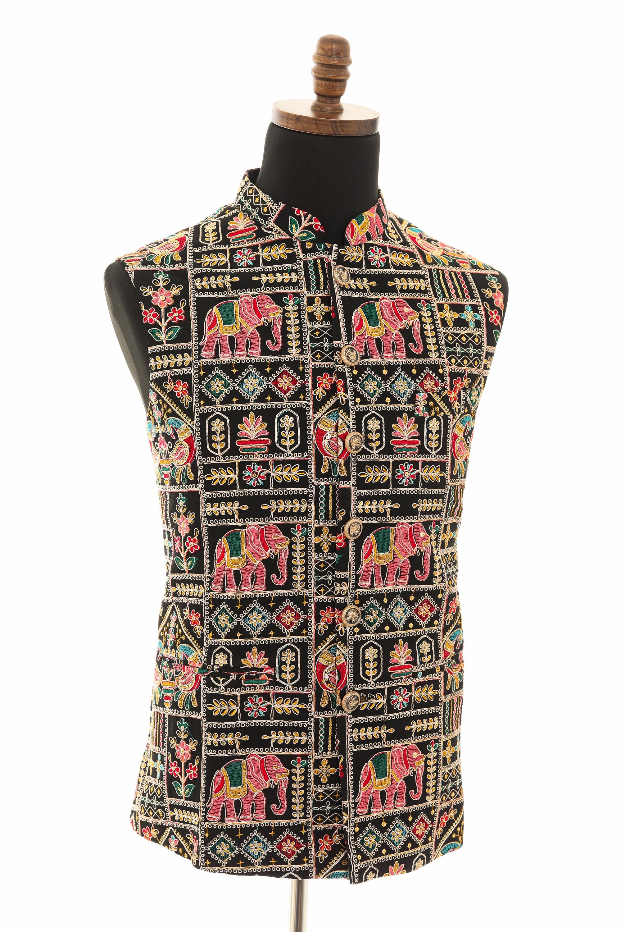 Mens Black Vest with Multi-Colored Embroidery-Sequins