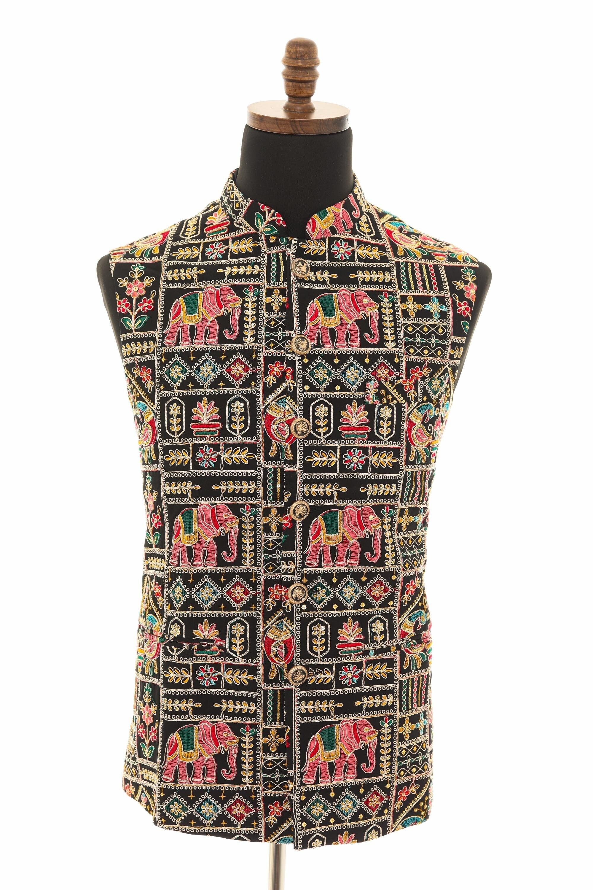 Mens Black Vest with Multi-Colored Embroidery-Sequins