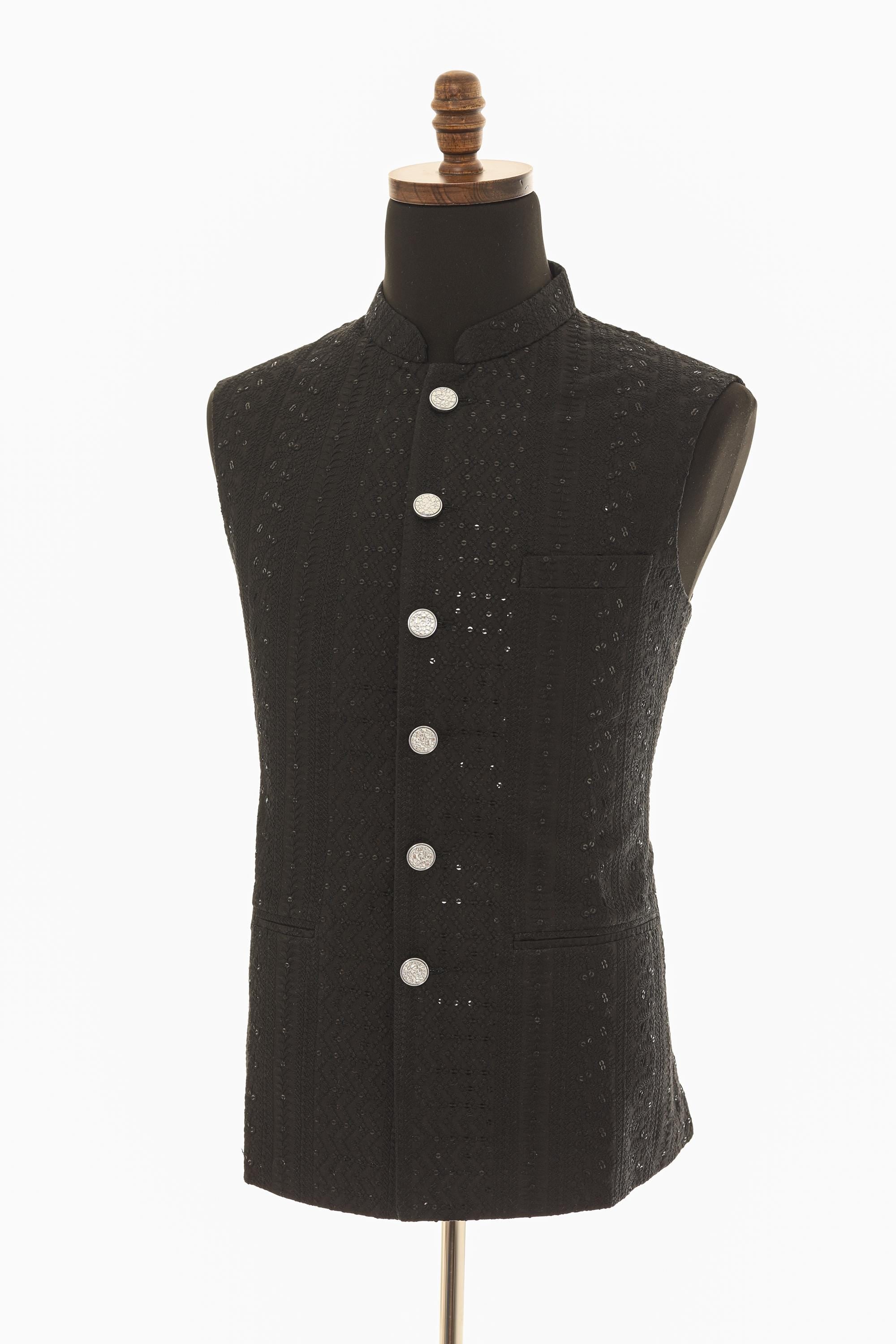 Mens Black Nehru Vest  Self-Embroidered Fabric with Sequins for Elegant Style
