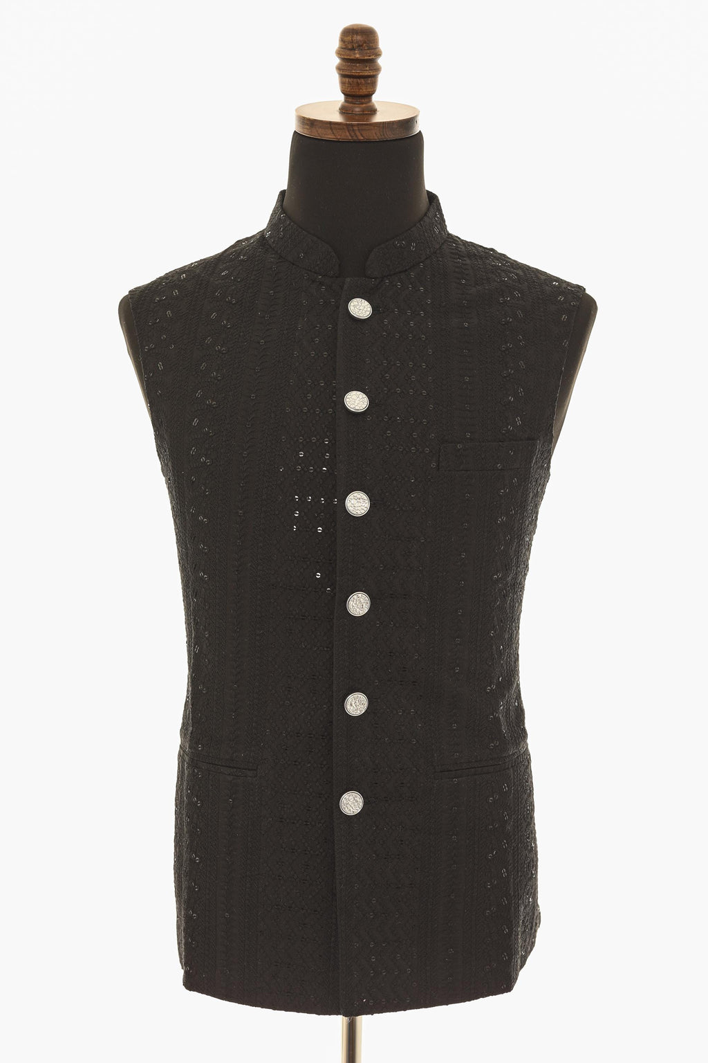 Mens Black Nehru Vest  Self-Embroidered Fabric with Sequins for Elegant Style