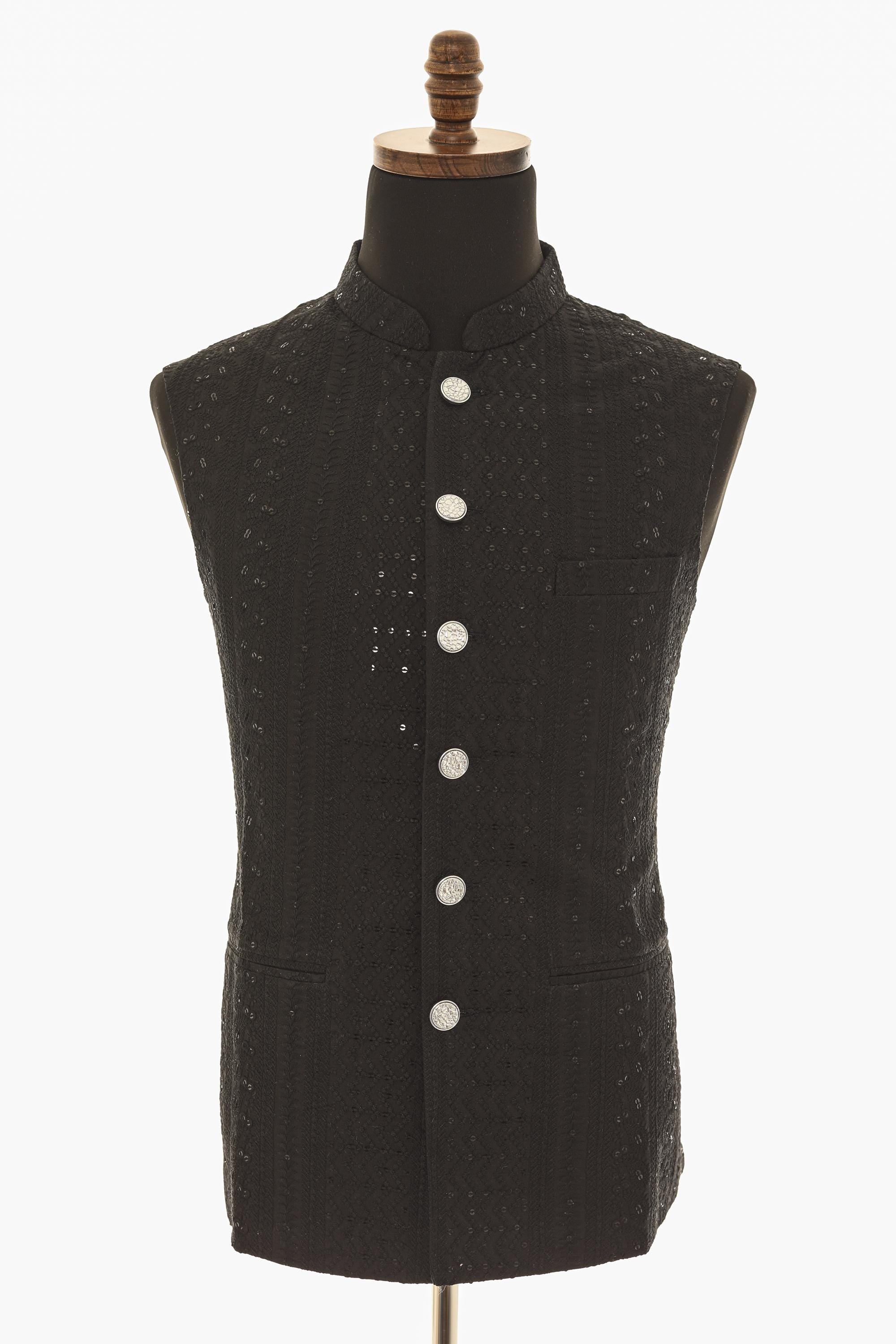 Mens Black Nehru Vest  Self-Embroidered Fabric with Sequins for Elegant Style