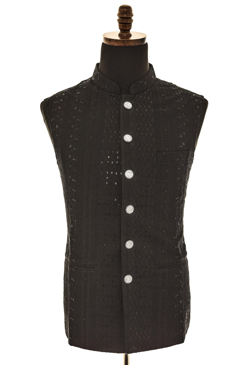Mens Black Nehru Vest  Self-Embroidered Fabric with Sequins for Elegant Style