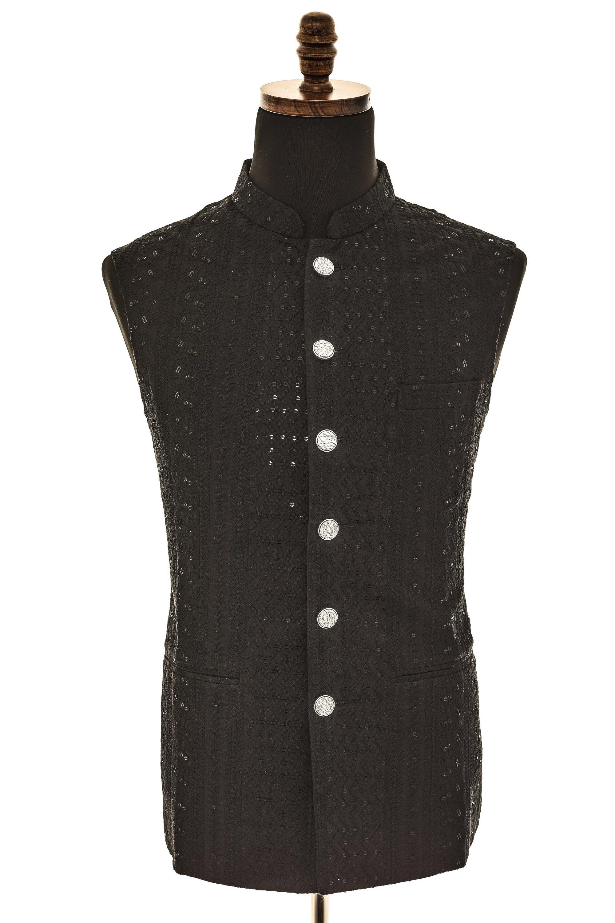 Mens Black Nehru Vest  Self-Embroidered Fabric with Sequins for Elegant Style