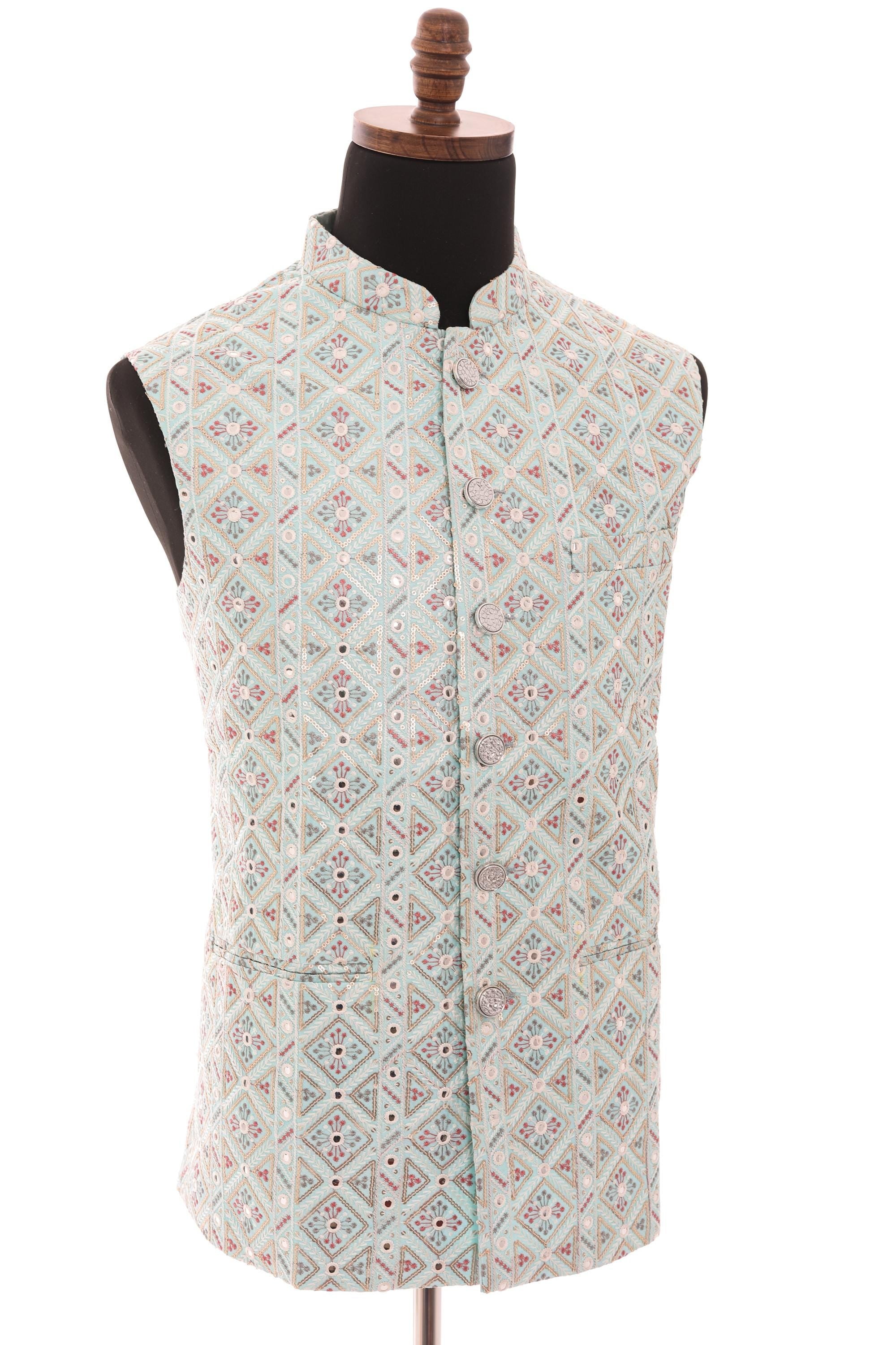 Mens Sea Green Nehru Jacket  Self-Embroidered Fabric