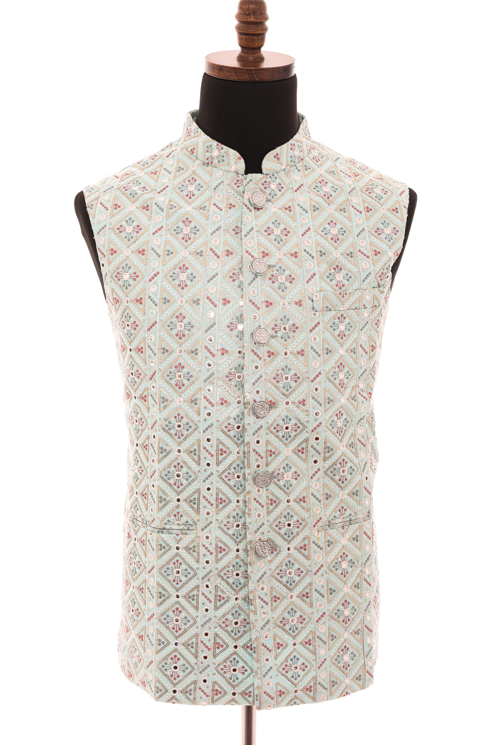 Mens Sea Green Nehru Jacket  Self-Embroidered Fabric