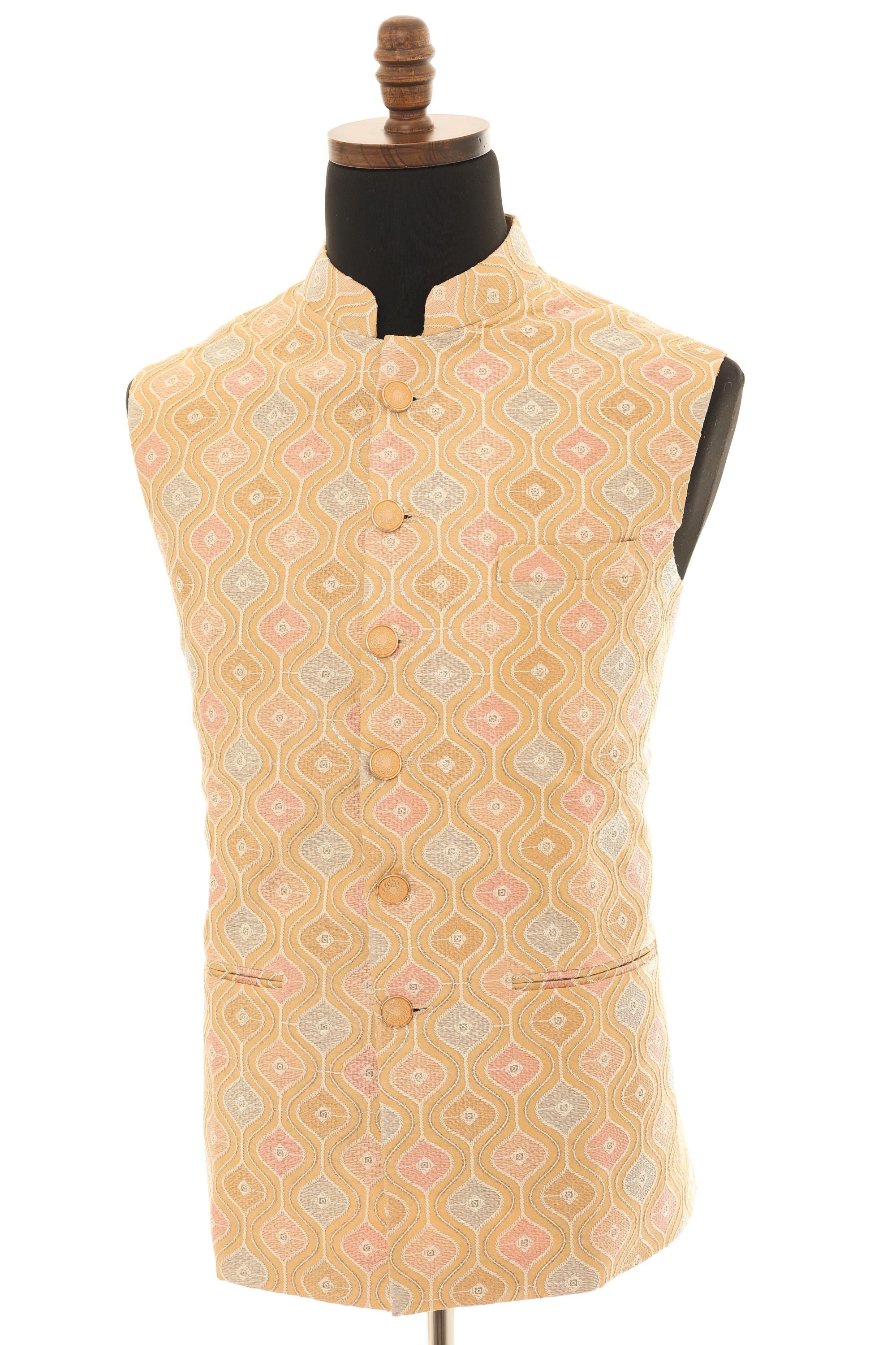 Mens Beige Nehru Vest  Geometric Embroidered Fabric