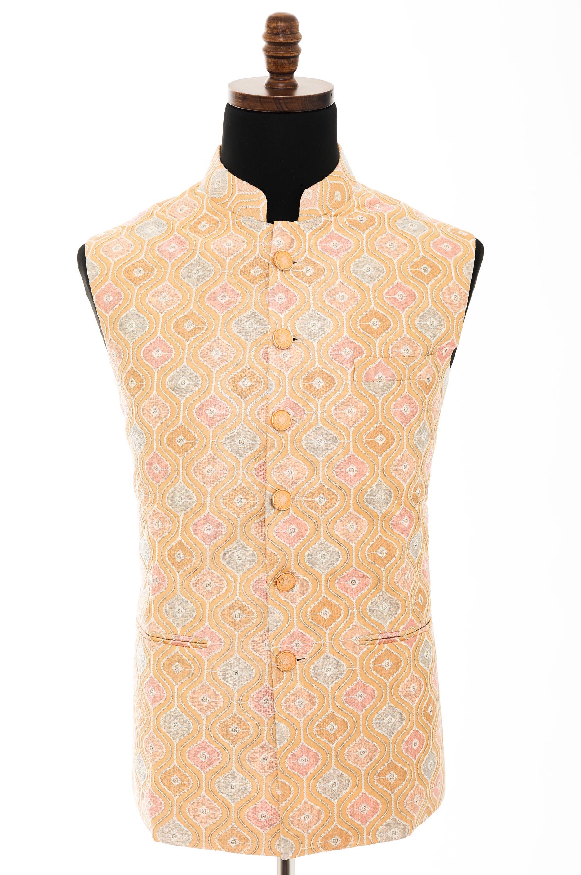 Mens Beige Nehru Vest  Geometric Embroidered Fabric