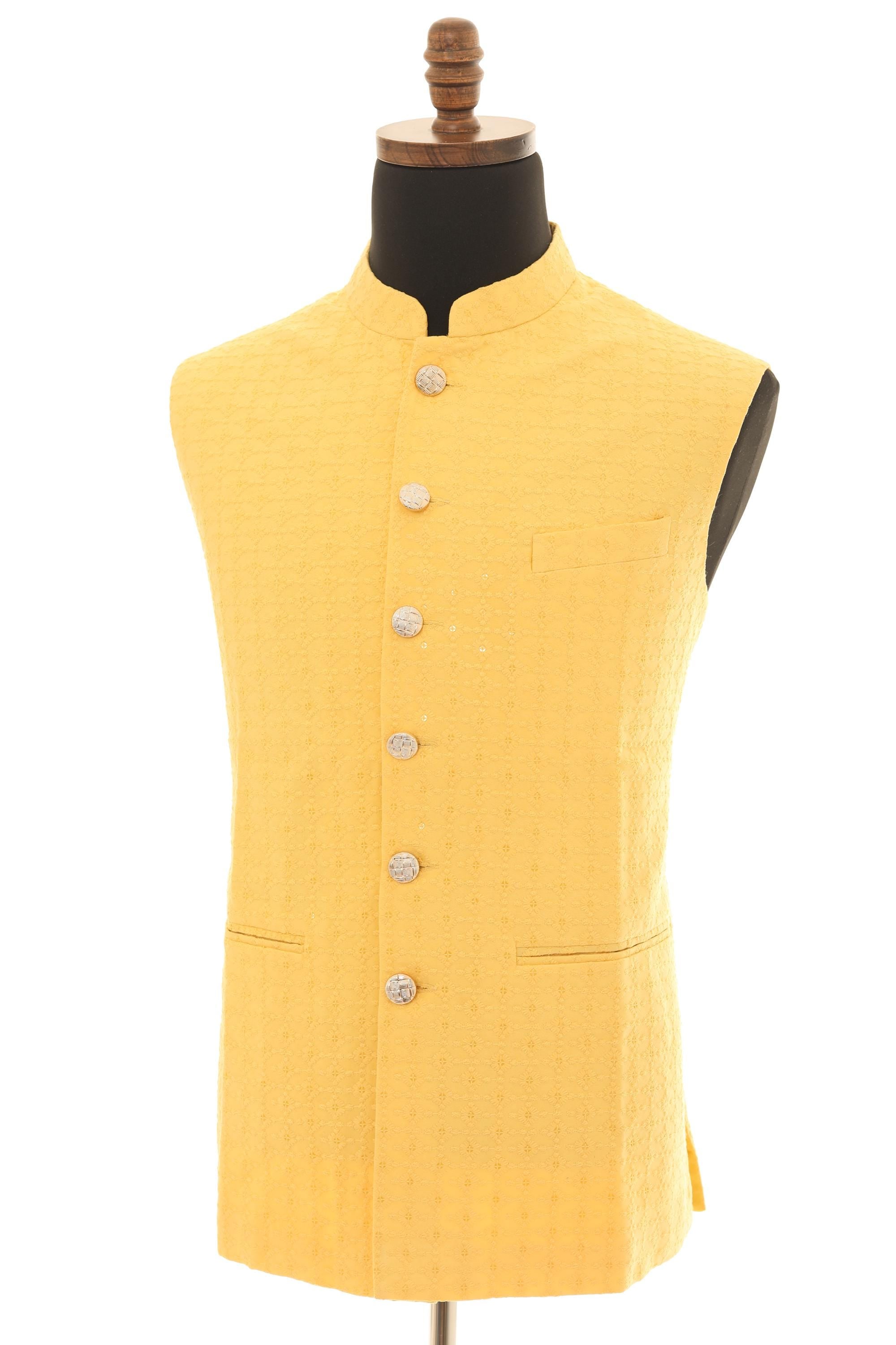 Elegant Men's Soft Yellow Vest - Self-Embroidered Fabric