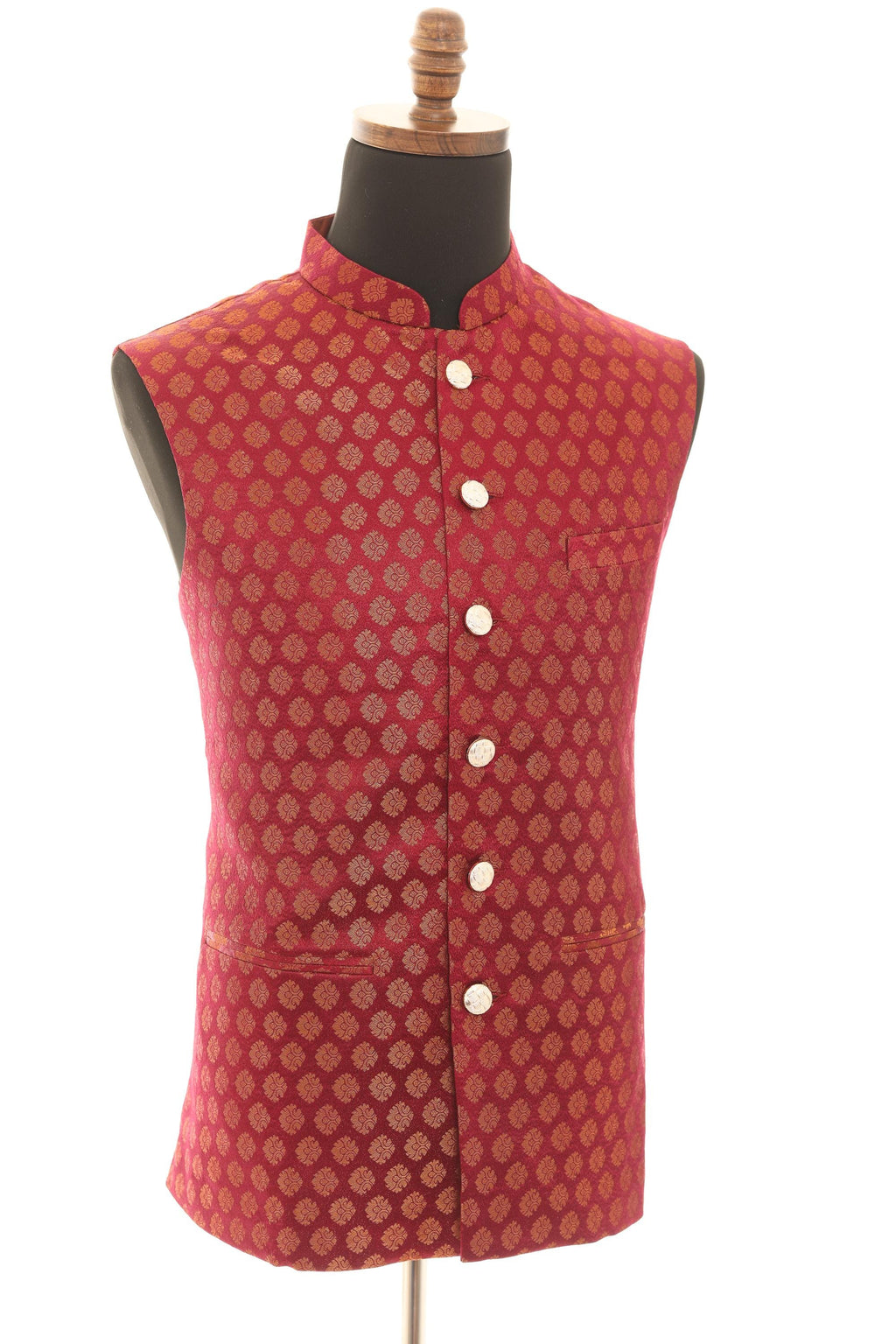 Mens Wine Brocade Nehru Jacket