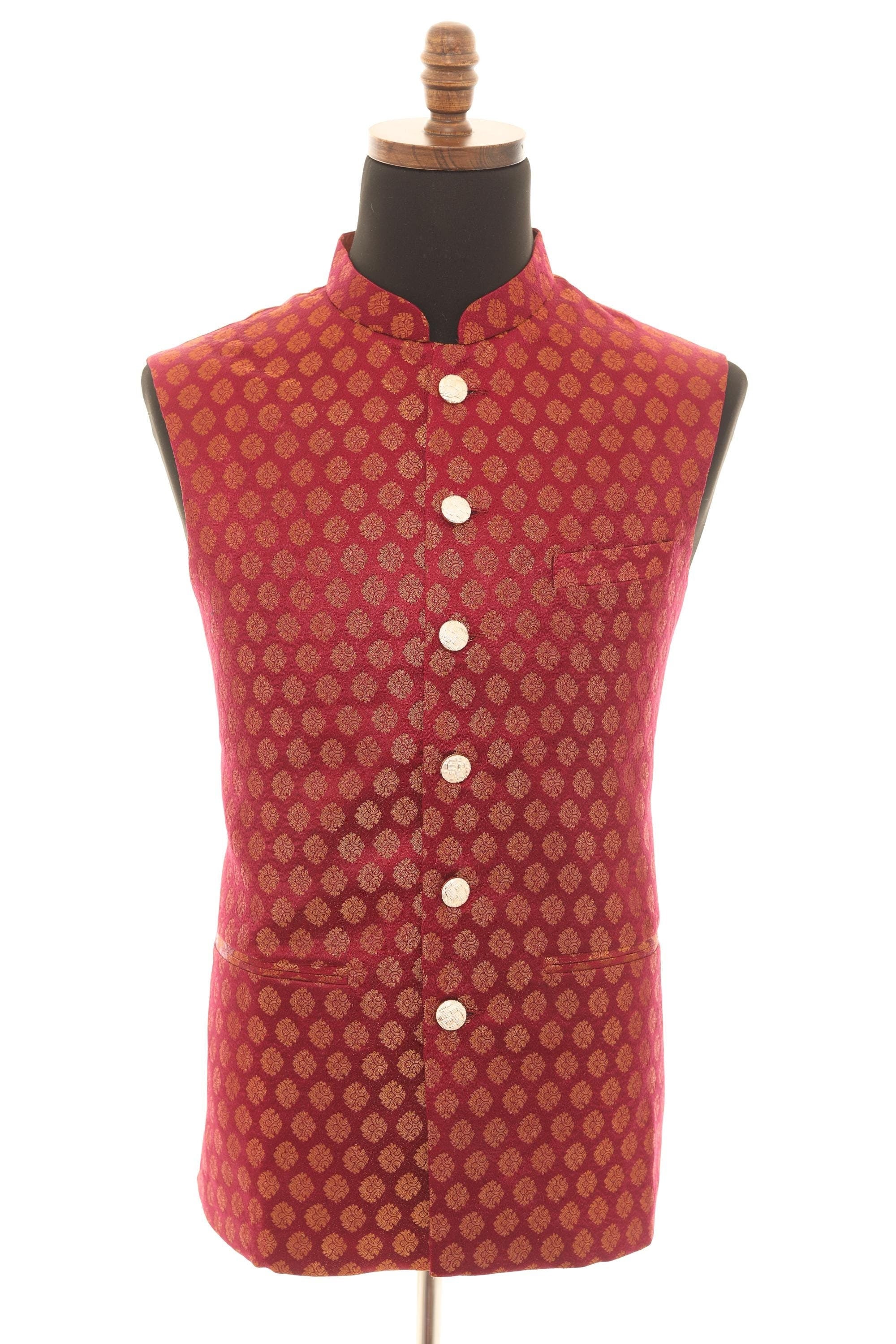 Mens Wine Brocade Nehru Jacket