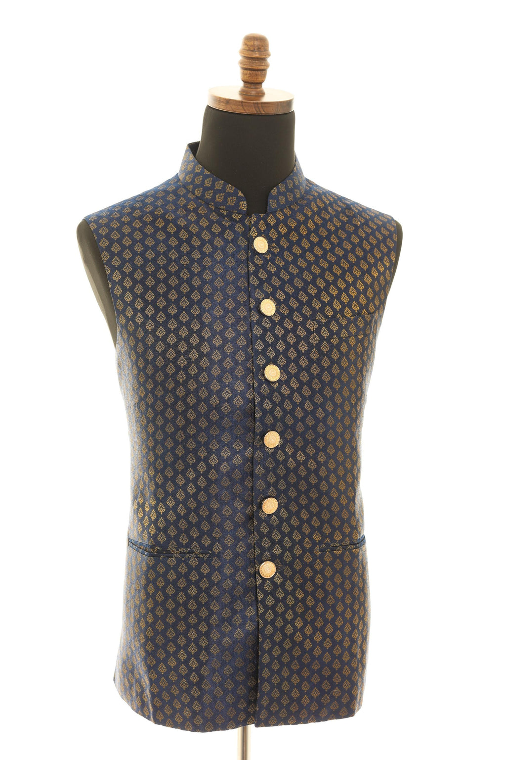 Navy Blue Brocade Nehru Jacket