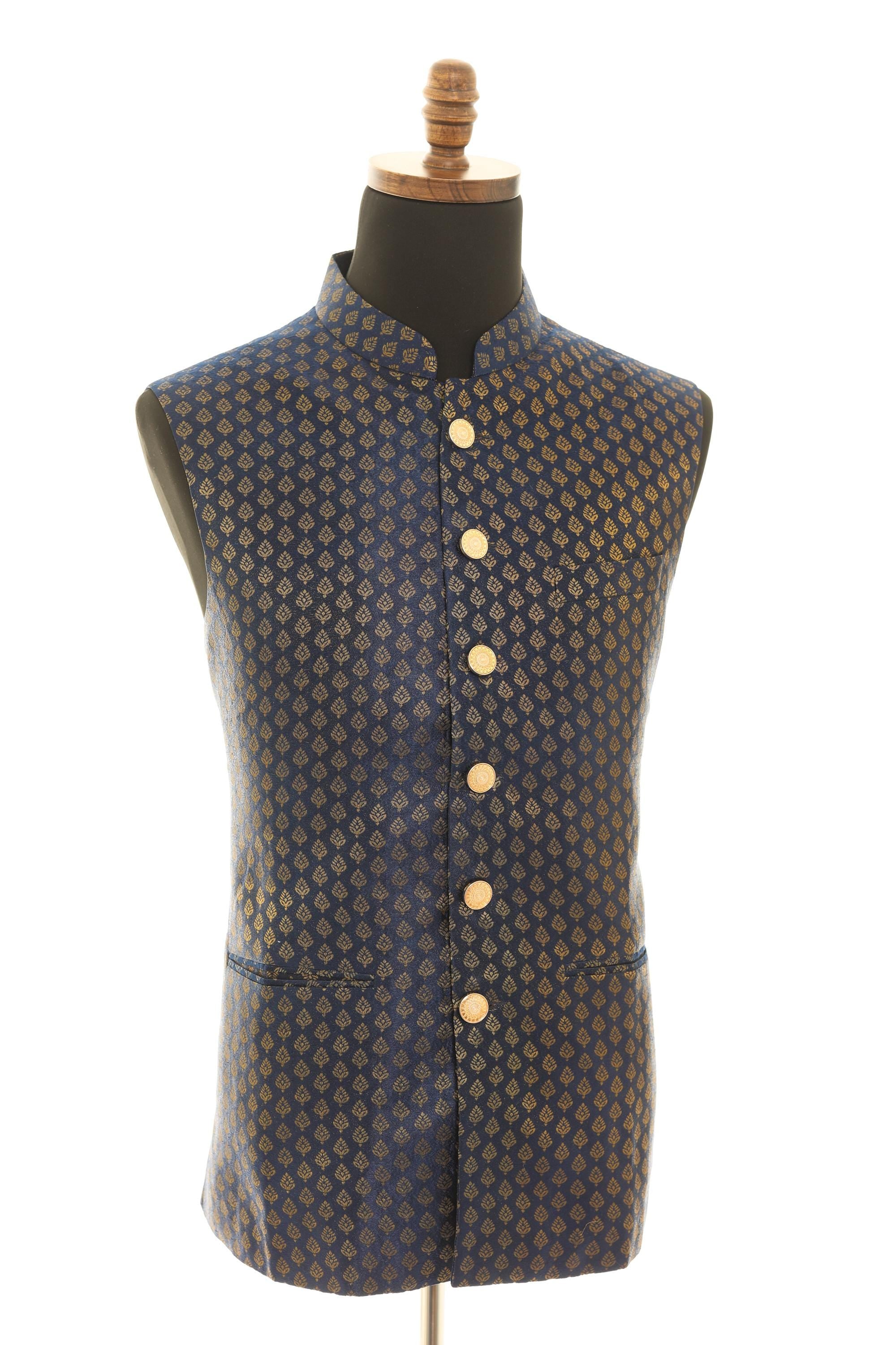 Navy Blue Brocade Nehru Jacket