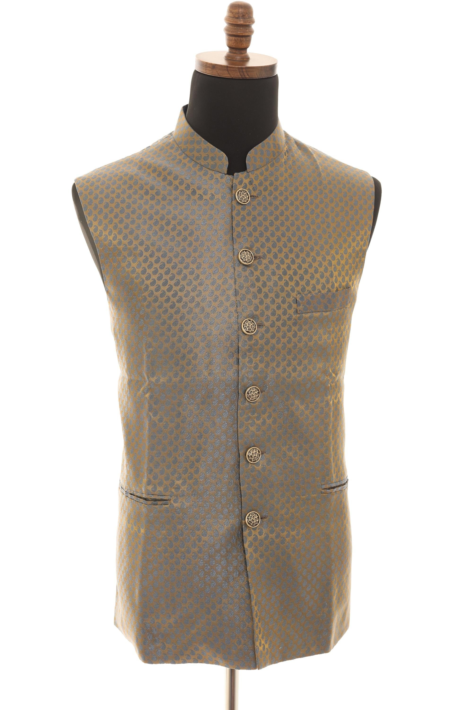 Mens Grey/Gold Brocade Nehru Jacket