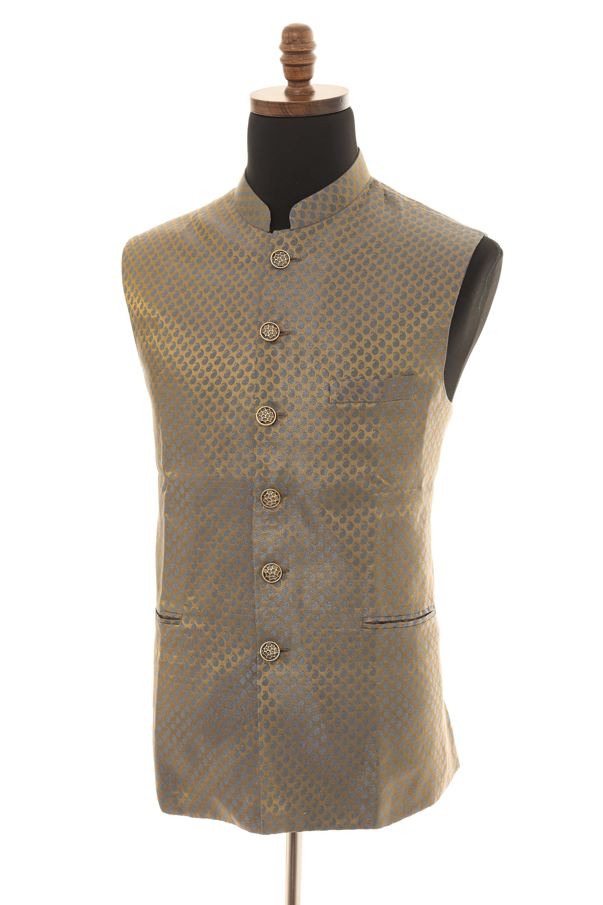 Mens Grey/Gold Brocade Nehru Jacket
