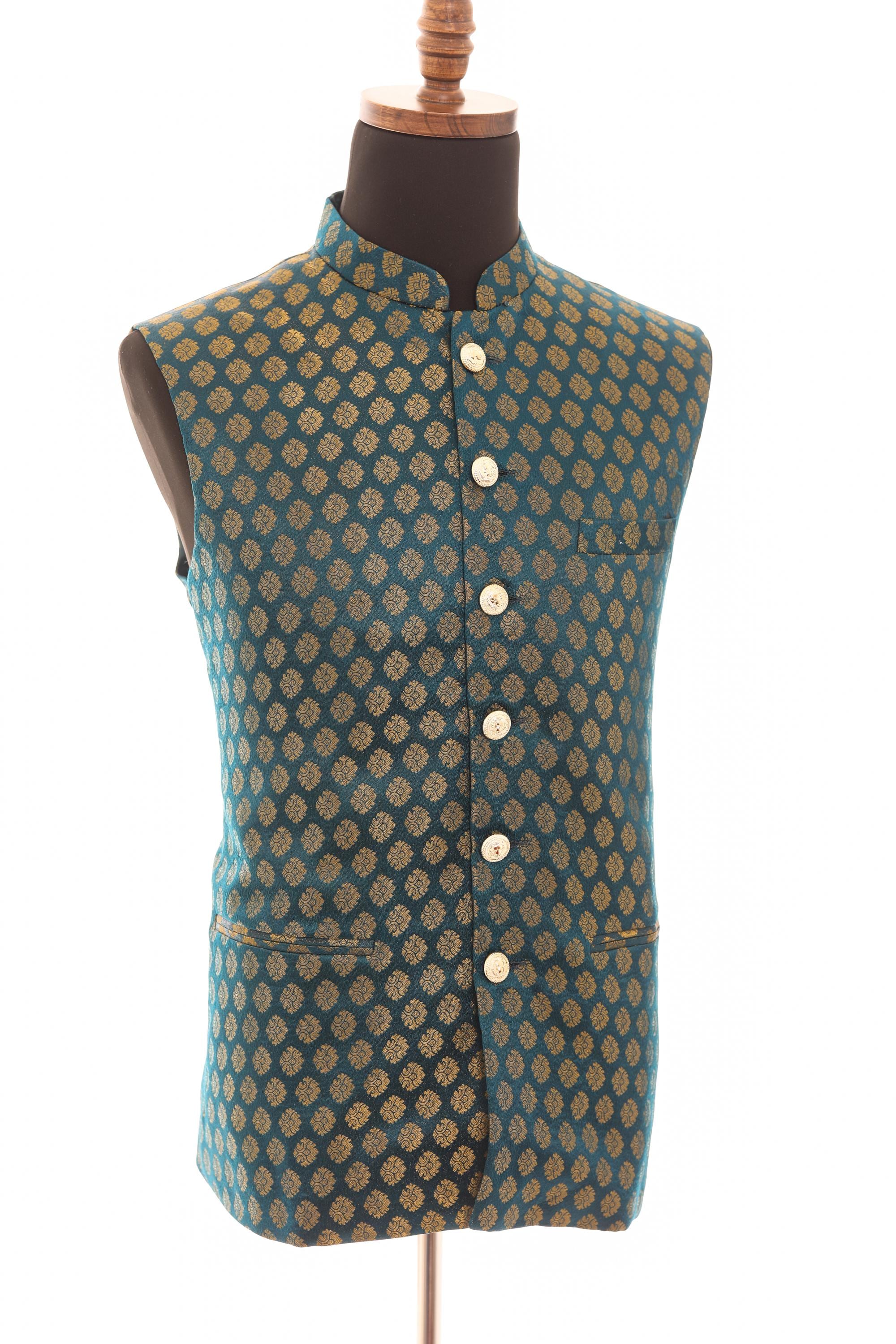 Men's Emerald Green Brocade Nehru Jacket