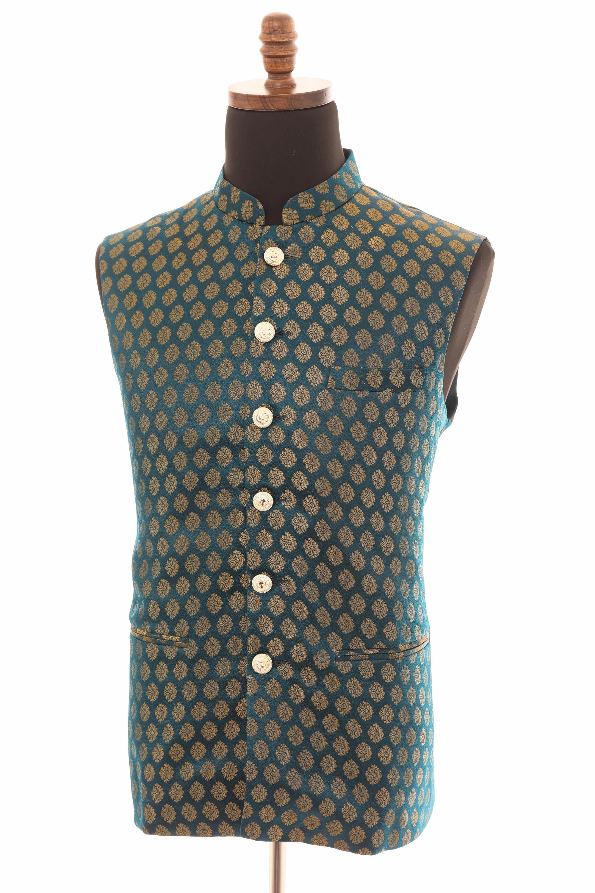 Men's Emerald Green Brocade Nehru Jacket