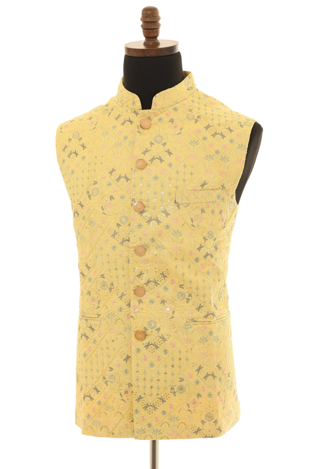 Mens Yellow Nehru Jacket  Embroidered Elegance Vest