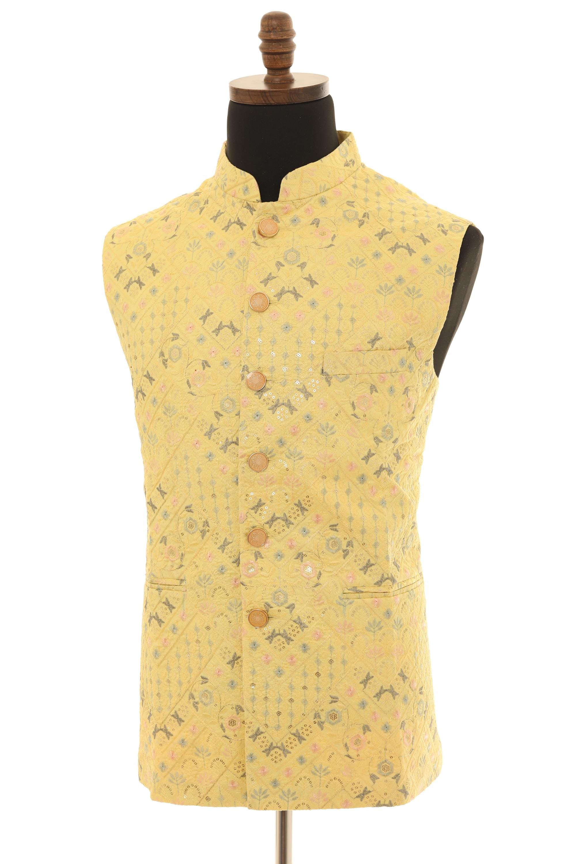 Mens Yellow Nehru Jacket  Embroidered Elegance Vest
