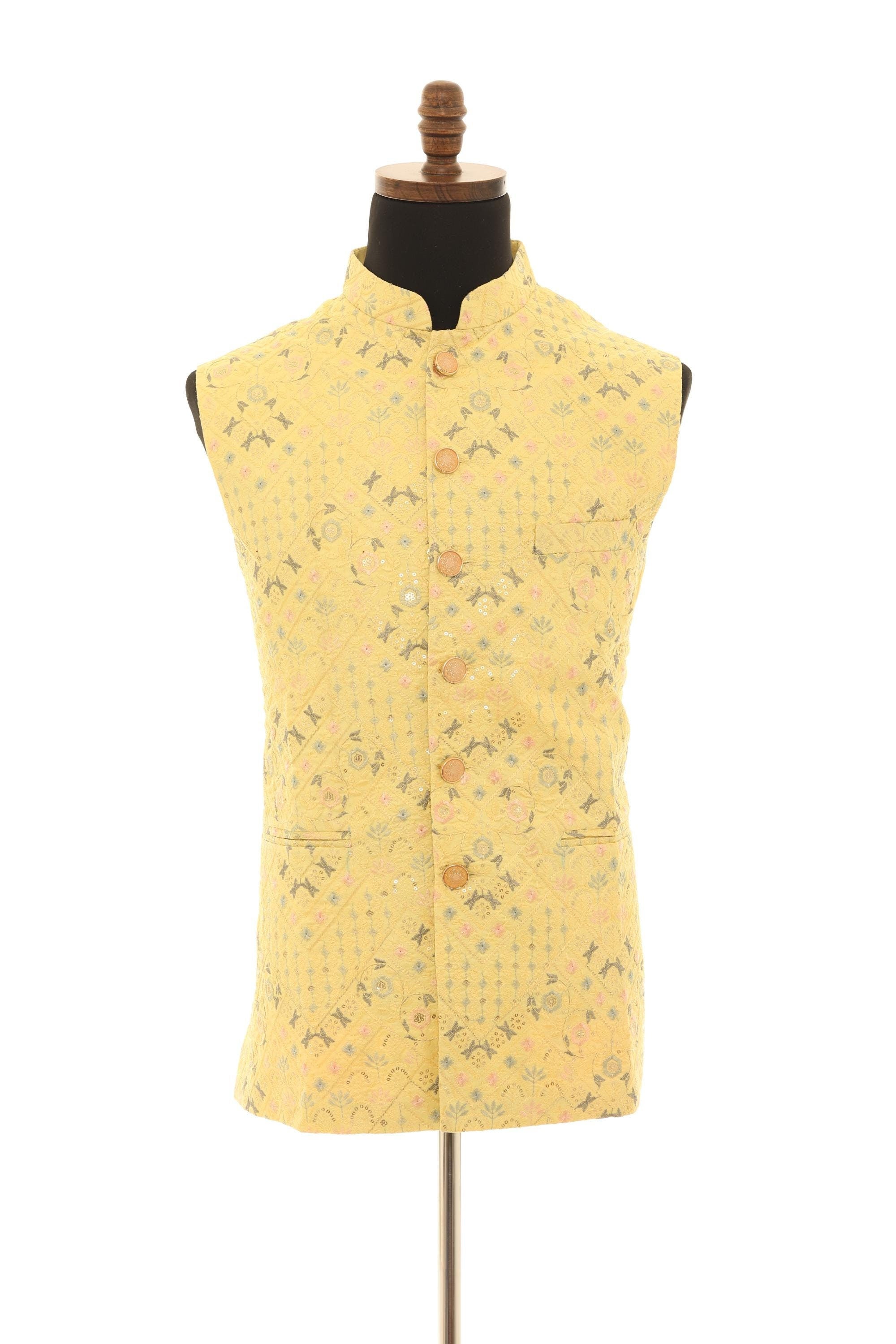 Mens Yellow Nehru Jacket  Embroidered Elegance Vest