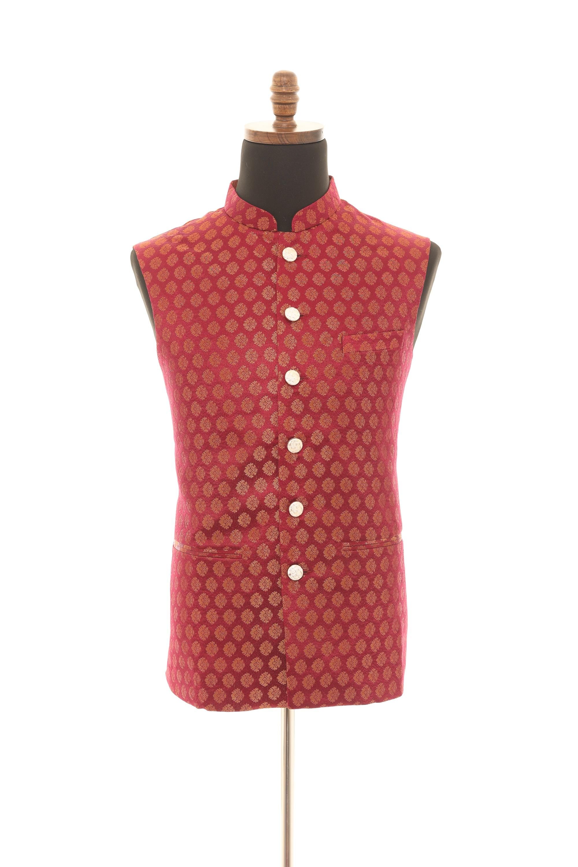 Mens Wine Brocade Nehru Jacket
