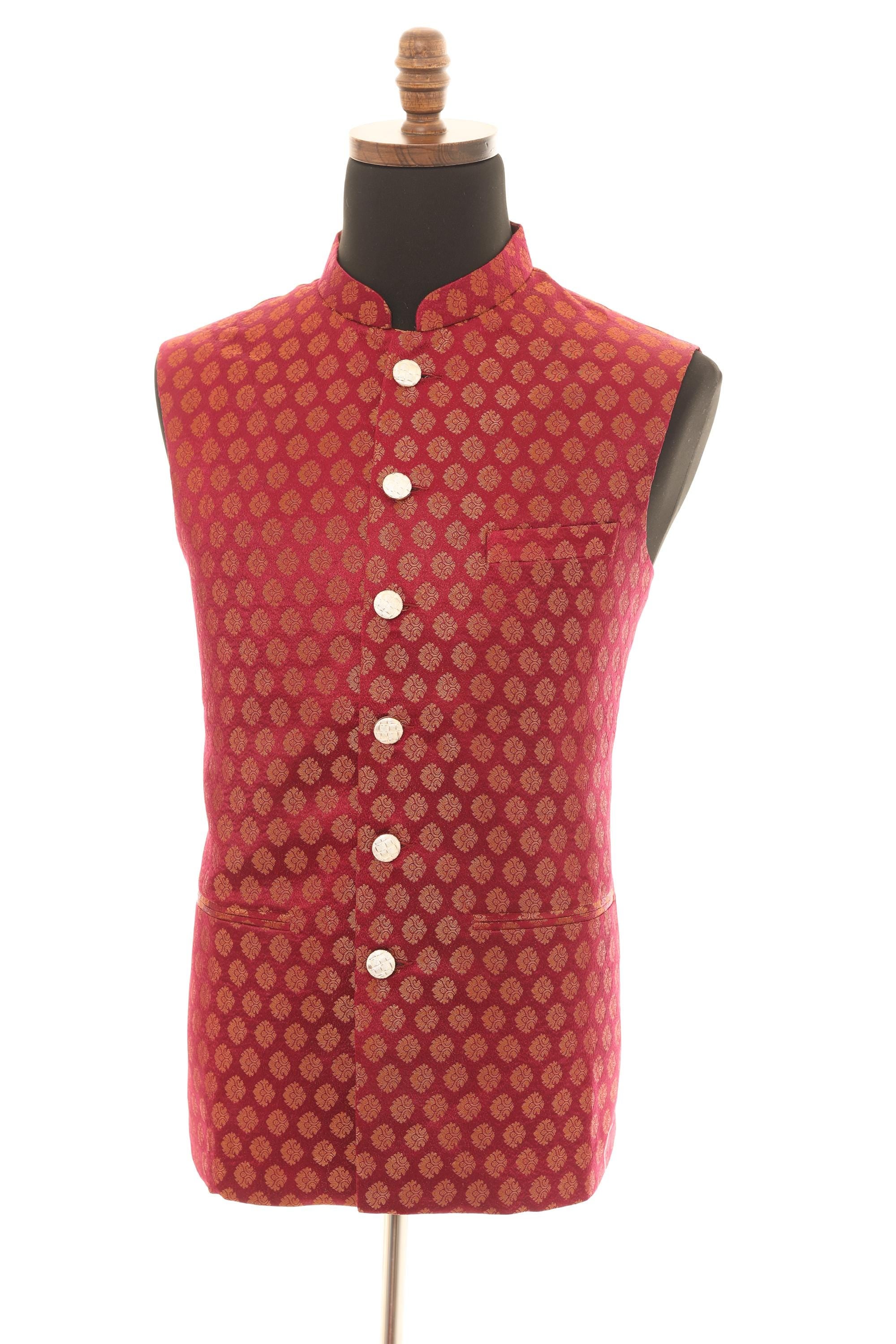 Mens Wine Brocade Nehru Jacket