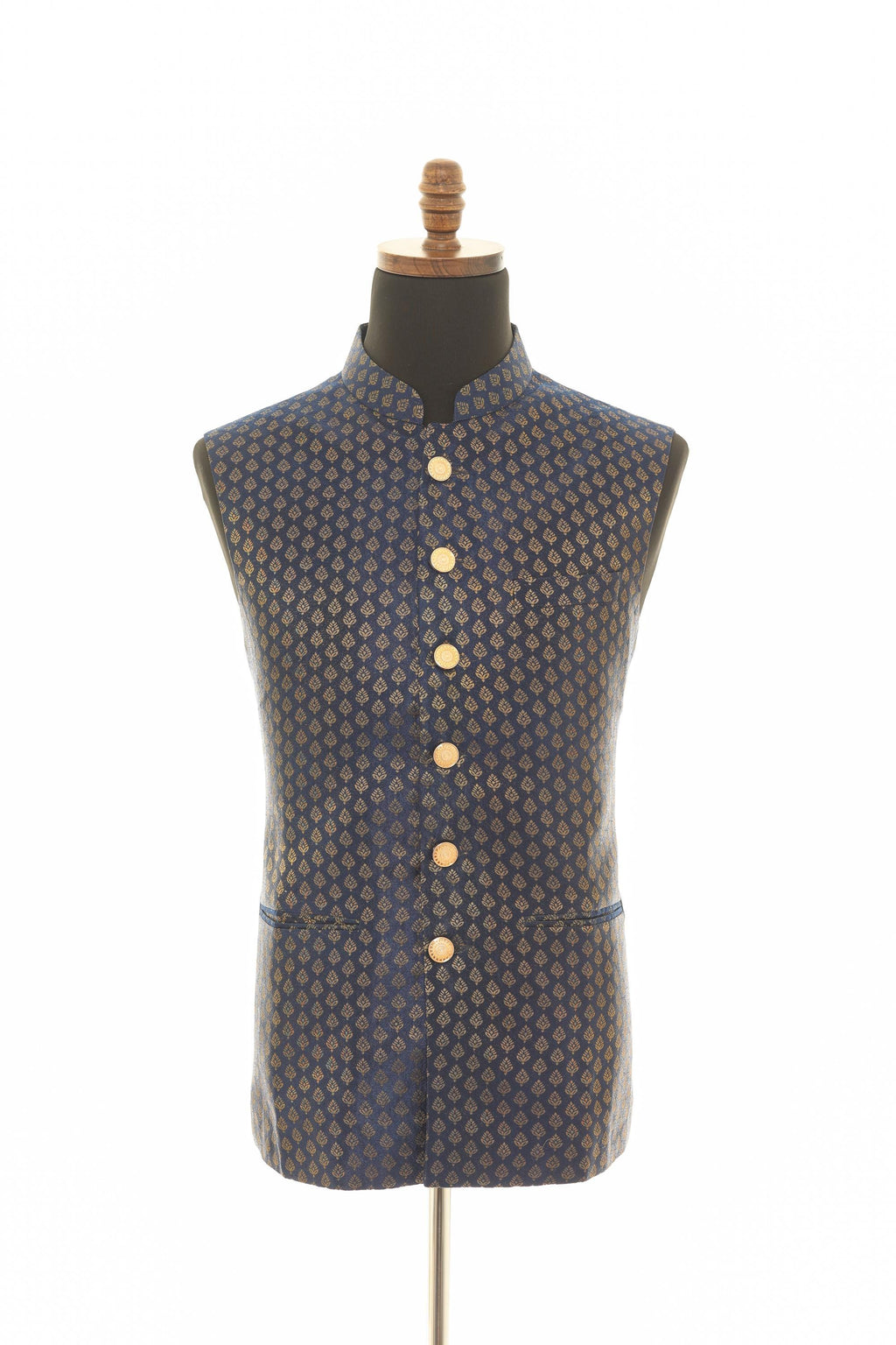 Navy Blue Brocade Nehru Jacket
