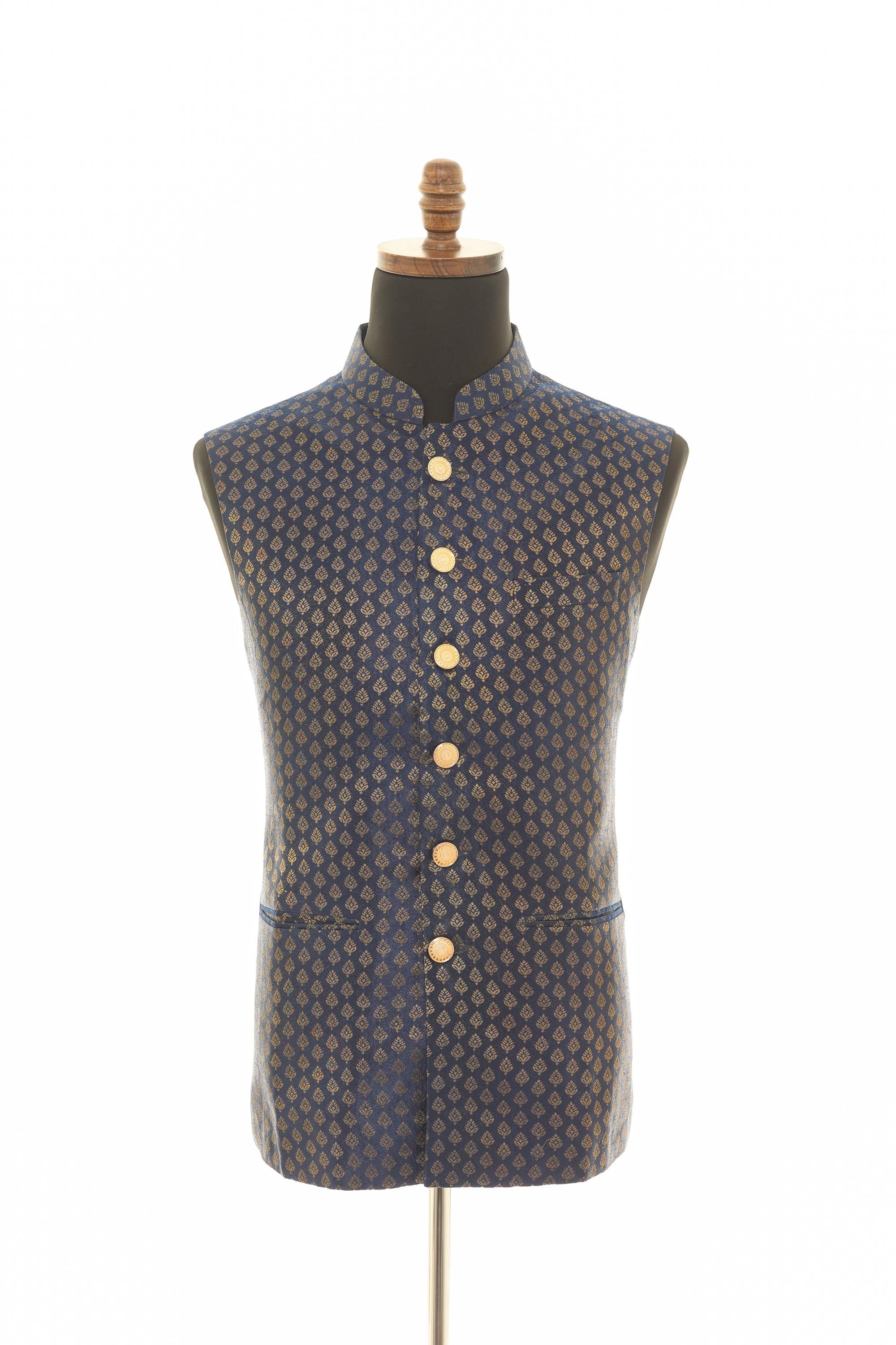 Navy Blue Brocade Nehru Jacket