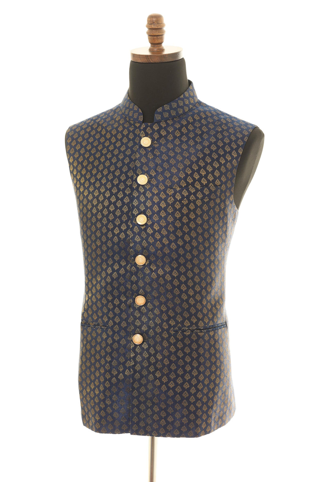 Navy Blue Brocade Nehru Jacket