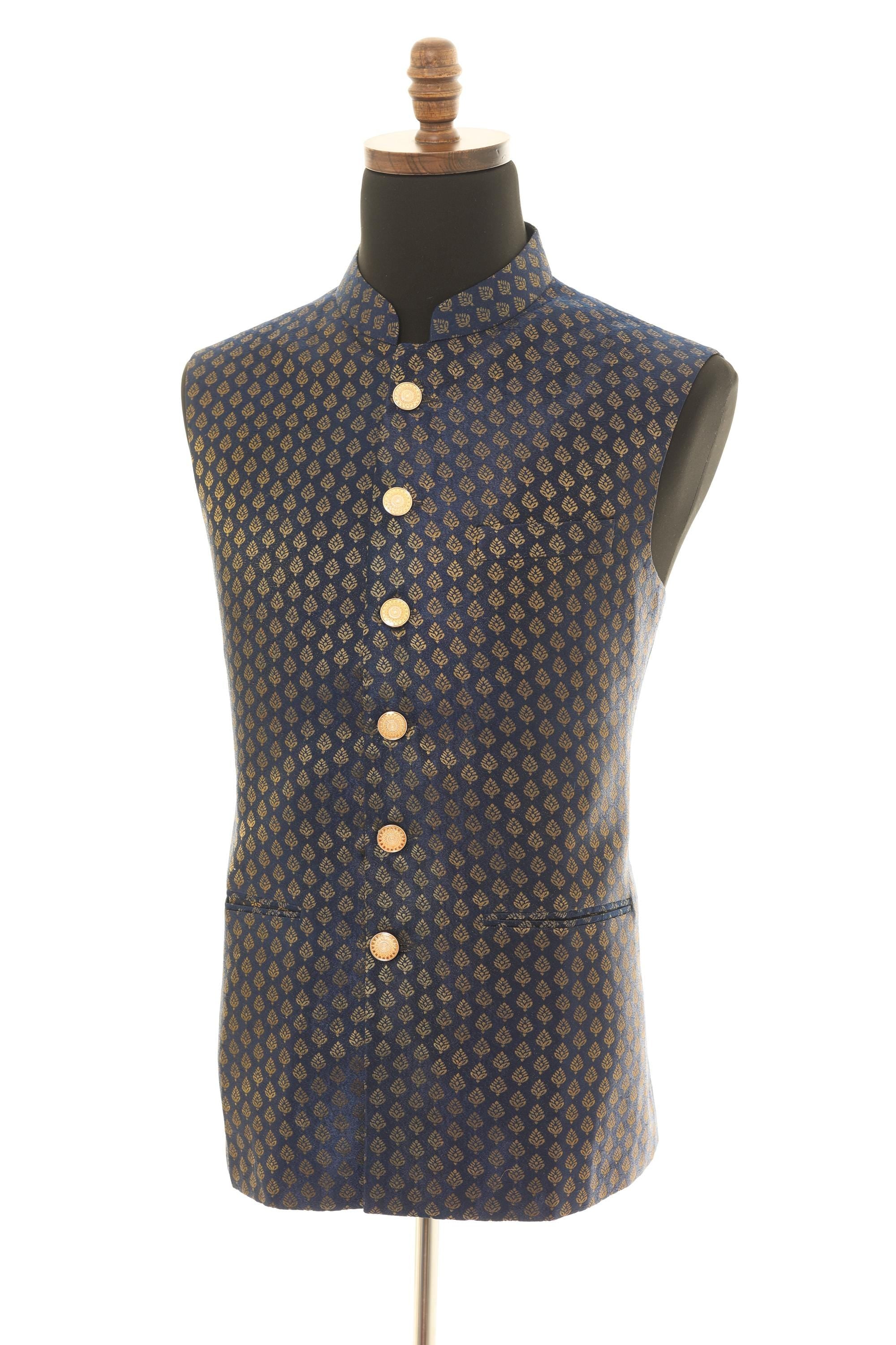 Navy Blue Brocade Nehru Jacket