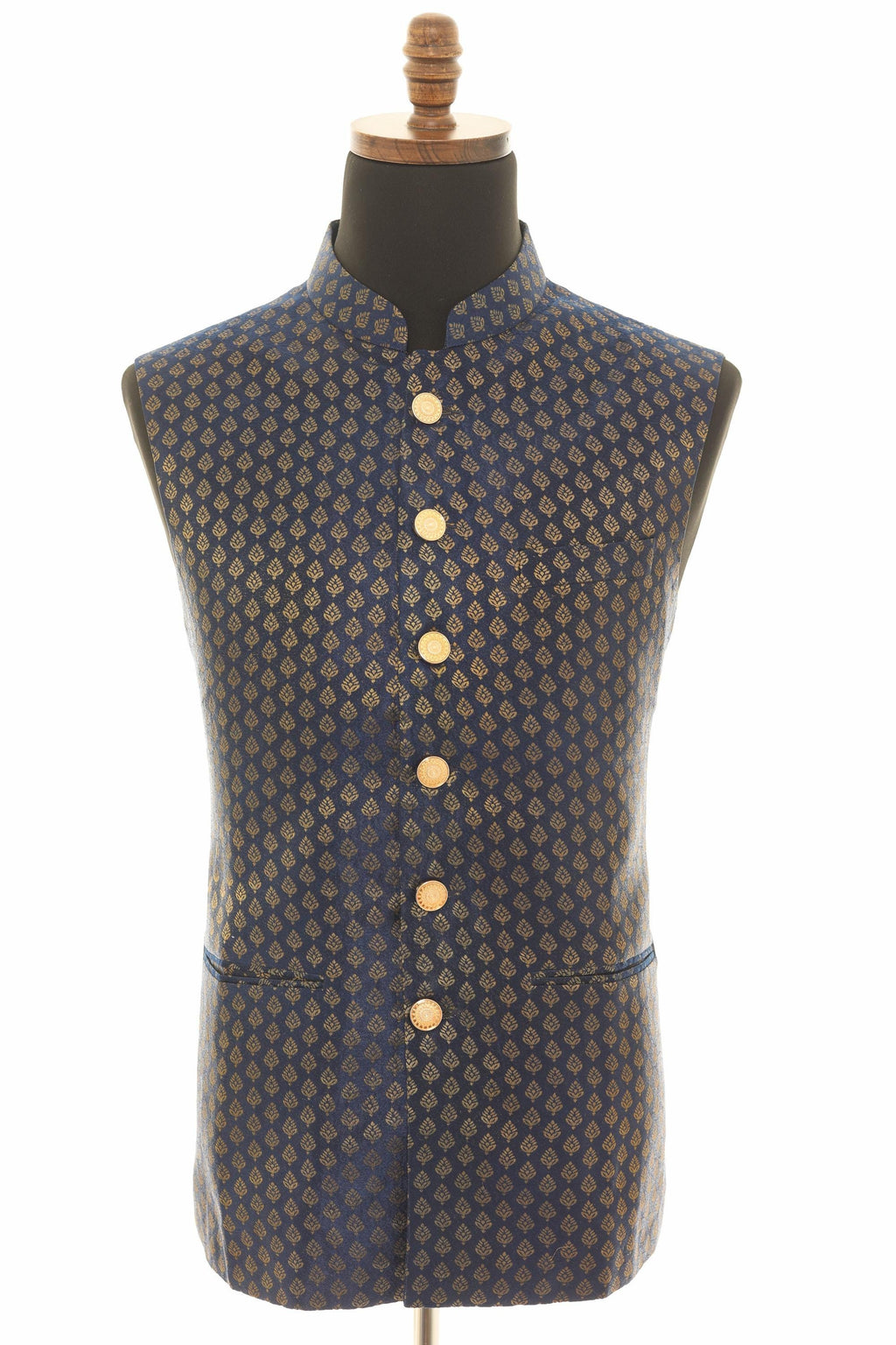 Navy Blue Brocade Nehru Jacket