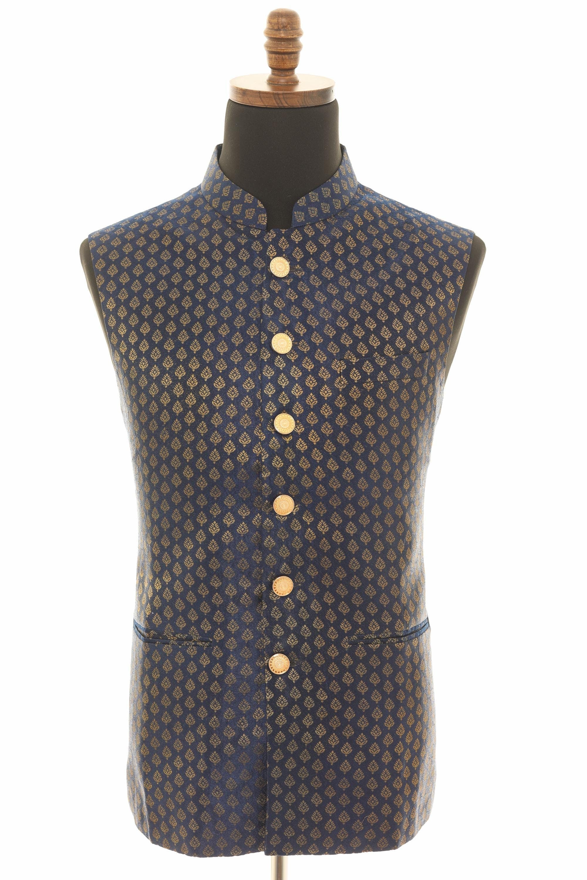 Navy Blue Brocade Nehru Jacket