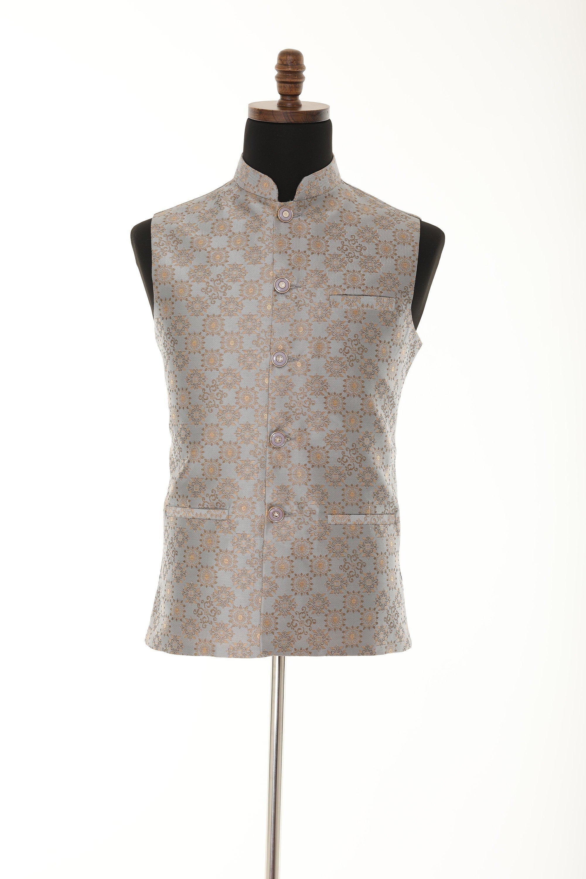 Men's Steel Grey & Gold Nehru Jacket, Sleeveless Jacket
