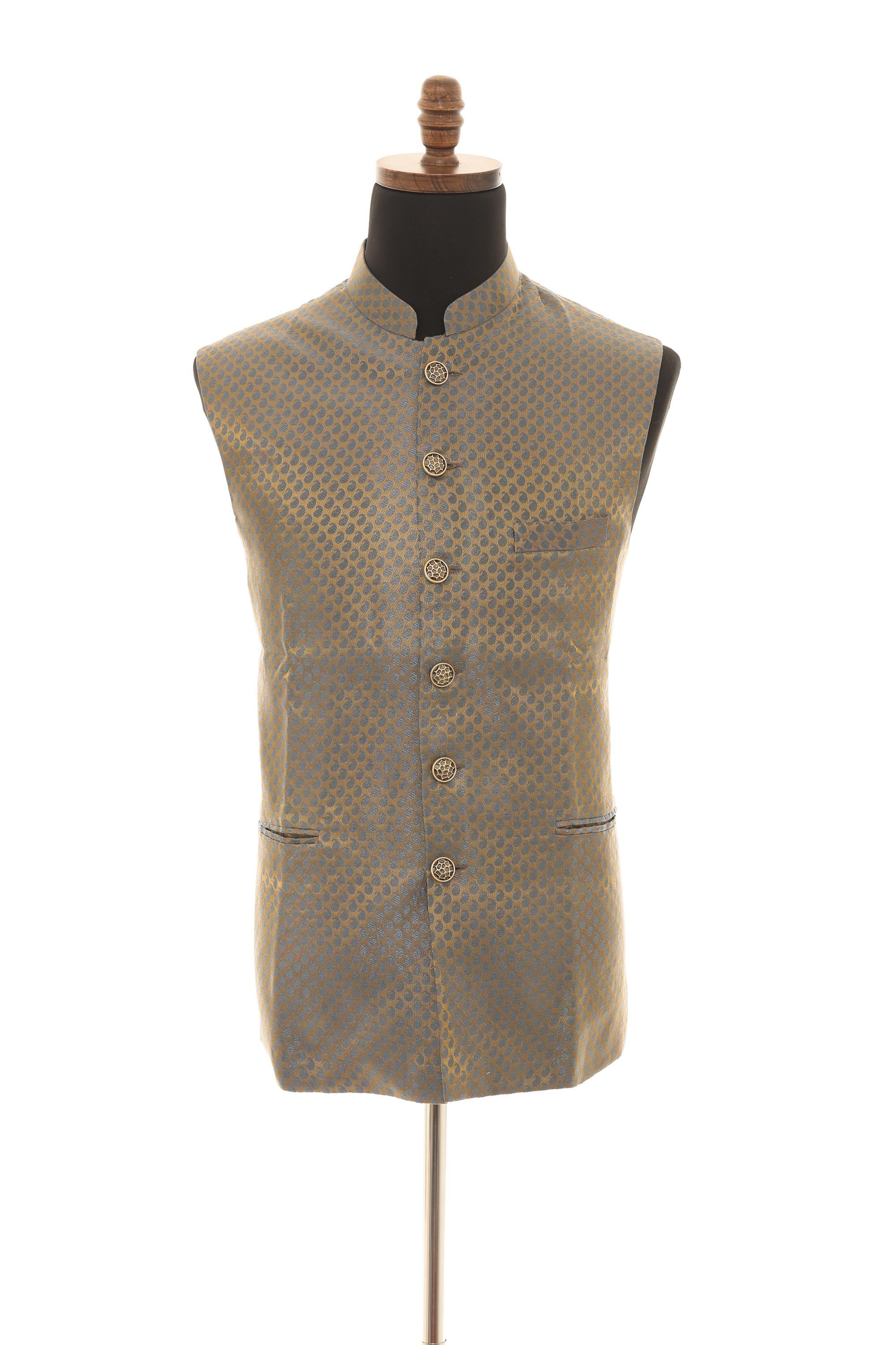Mens Grey/Gold Brocade Nehru Jacket