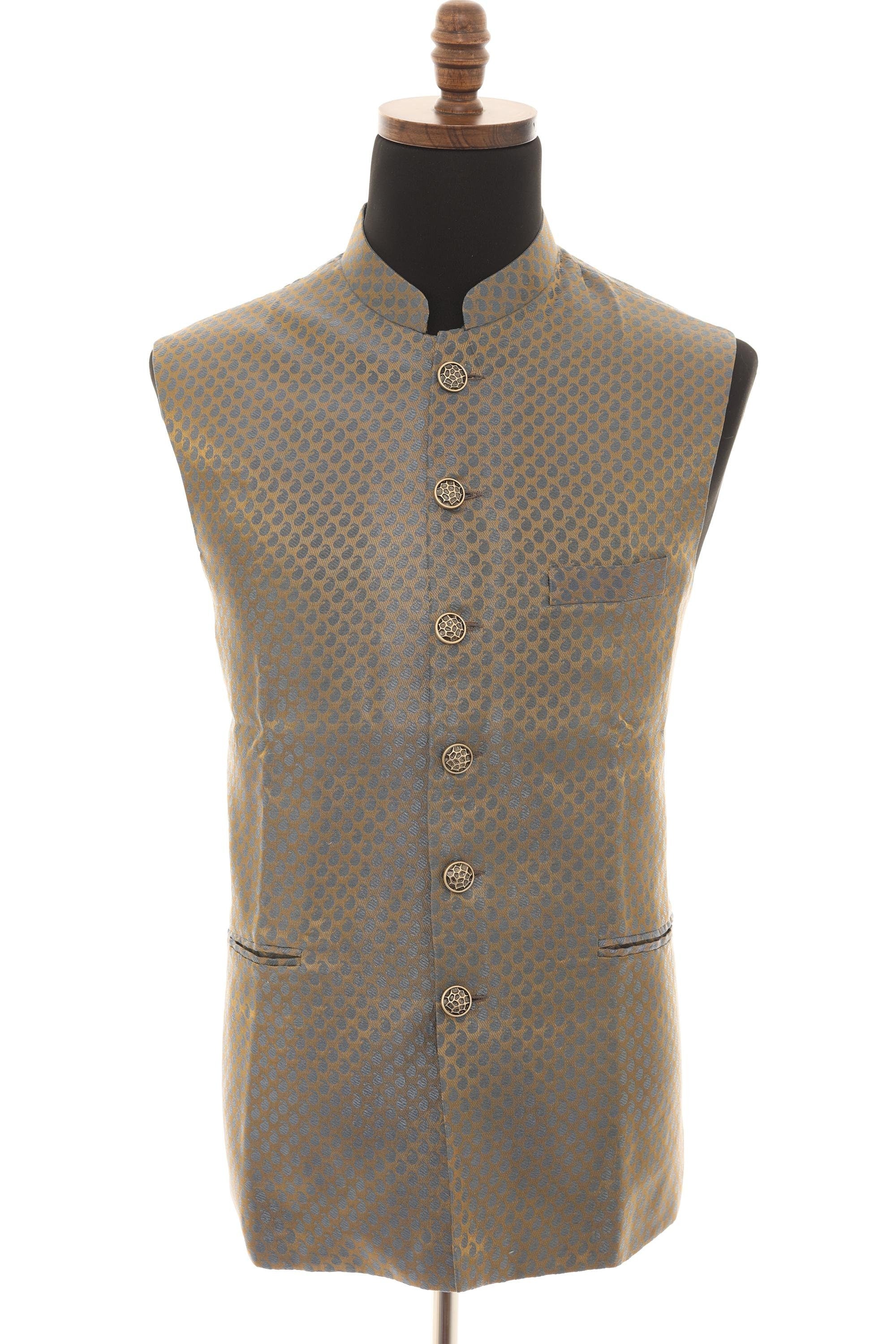 Mens Grey/Gold Brocade Nehru Jacket