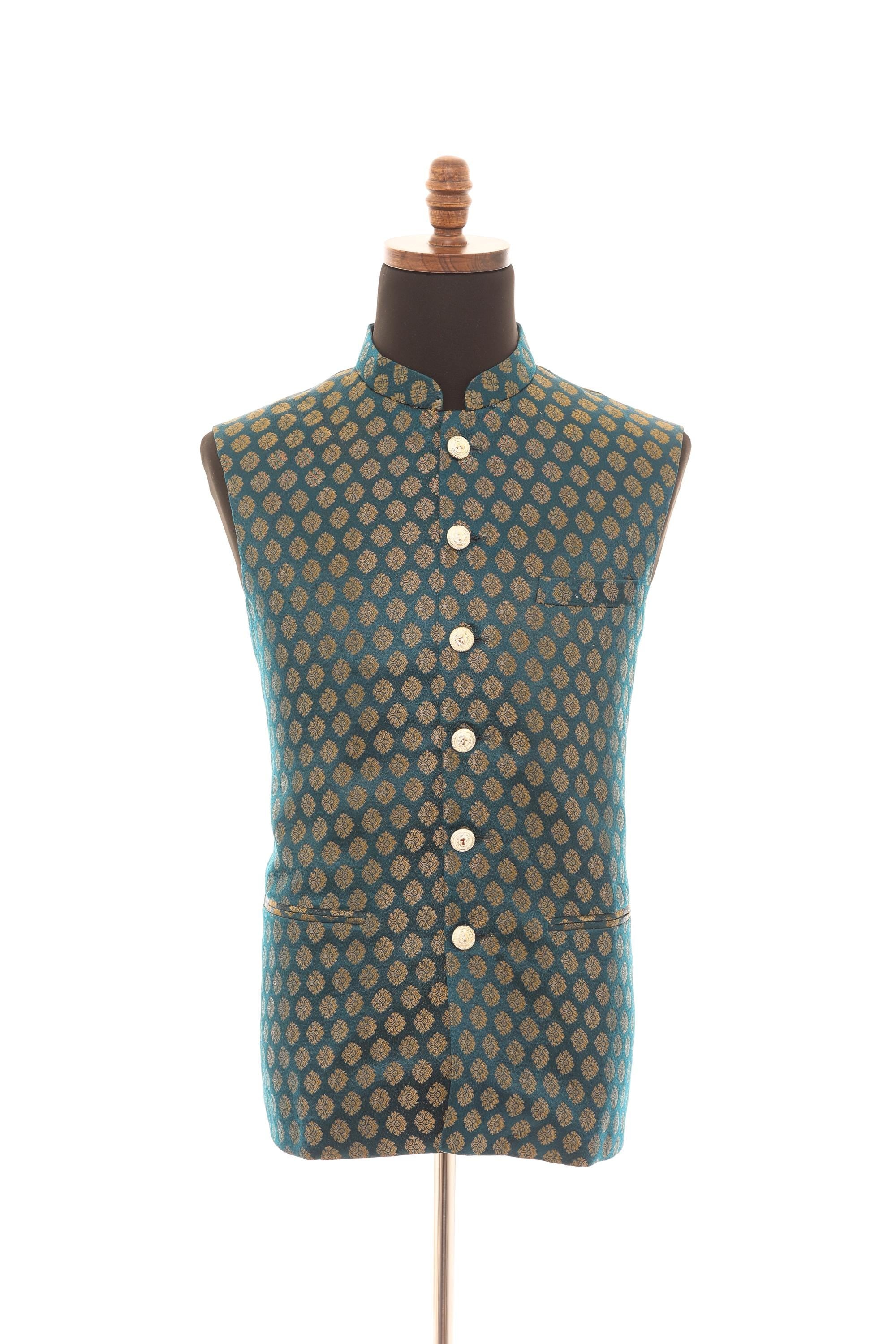 Men's Emerald Green Brocade Nehru Jacket