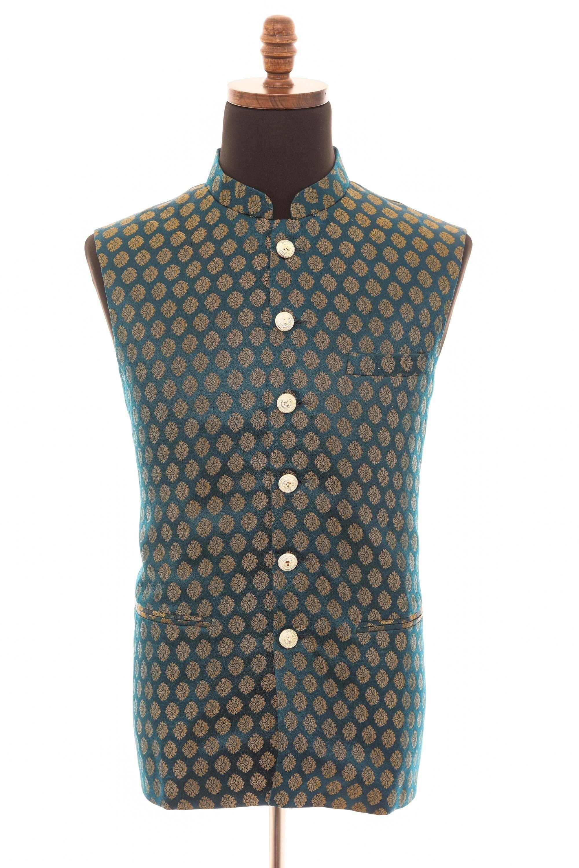 Men's Emerald Green Brocade Nehru Jacket