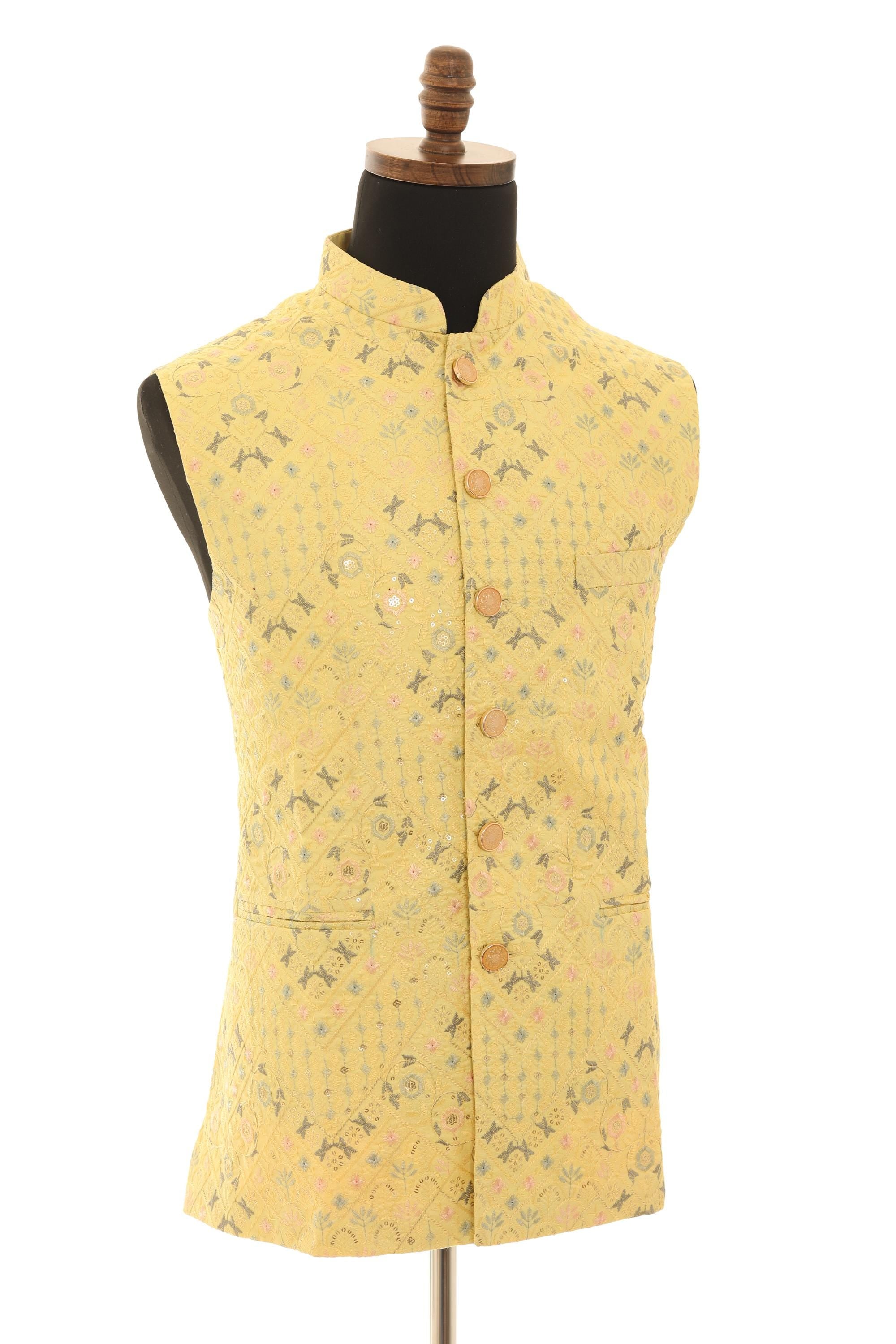 Mens Yellow Nehru Jacket  Embroidered Elegance Vest