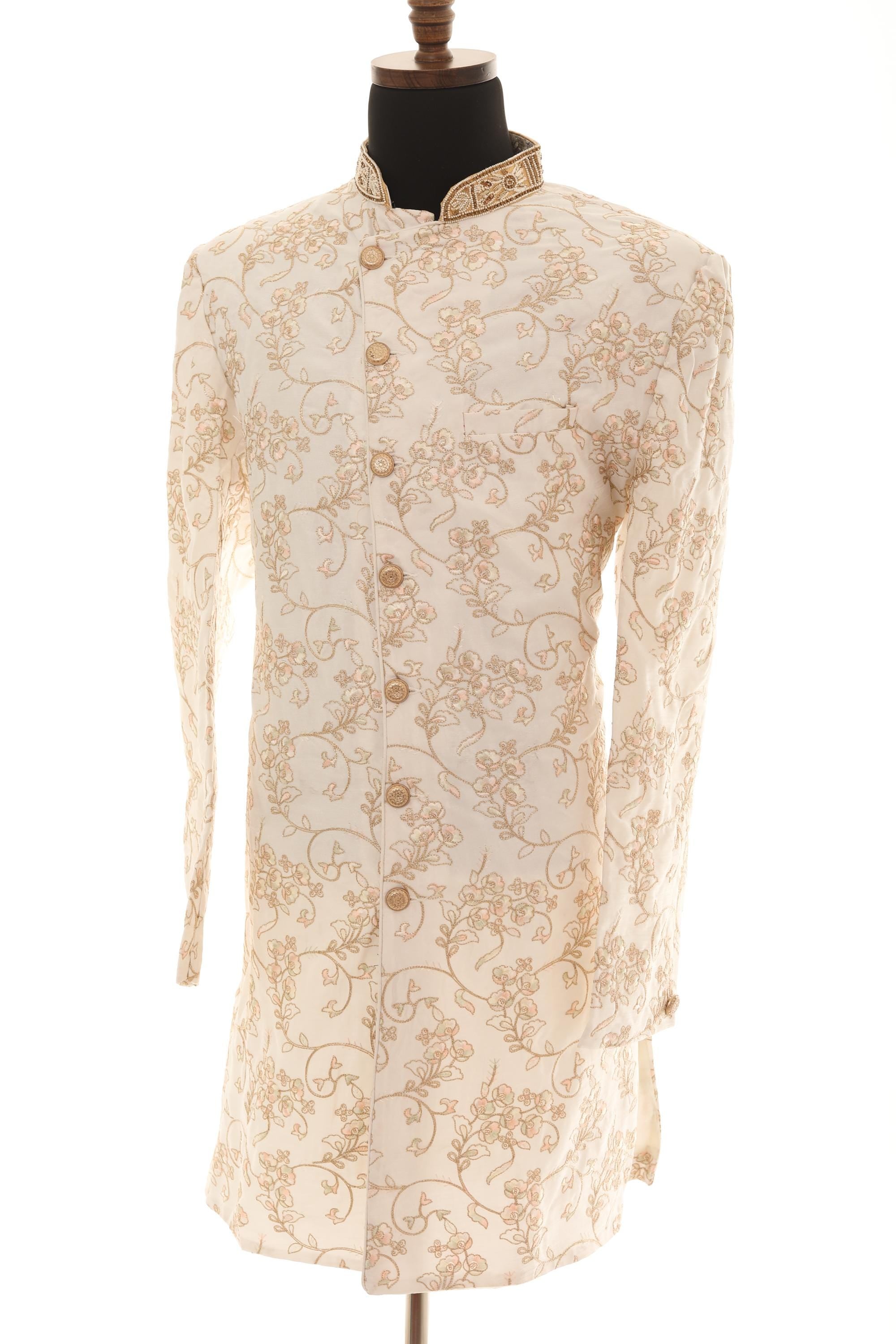 Elegant Cream Embroidered Sherwani Set with Gold Pants