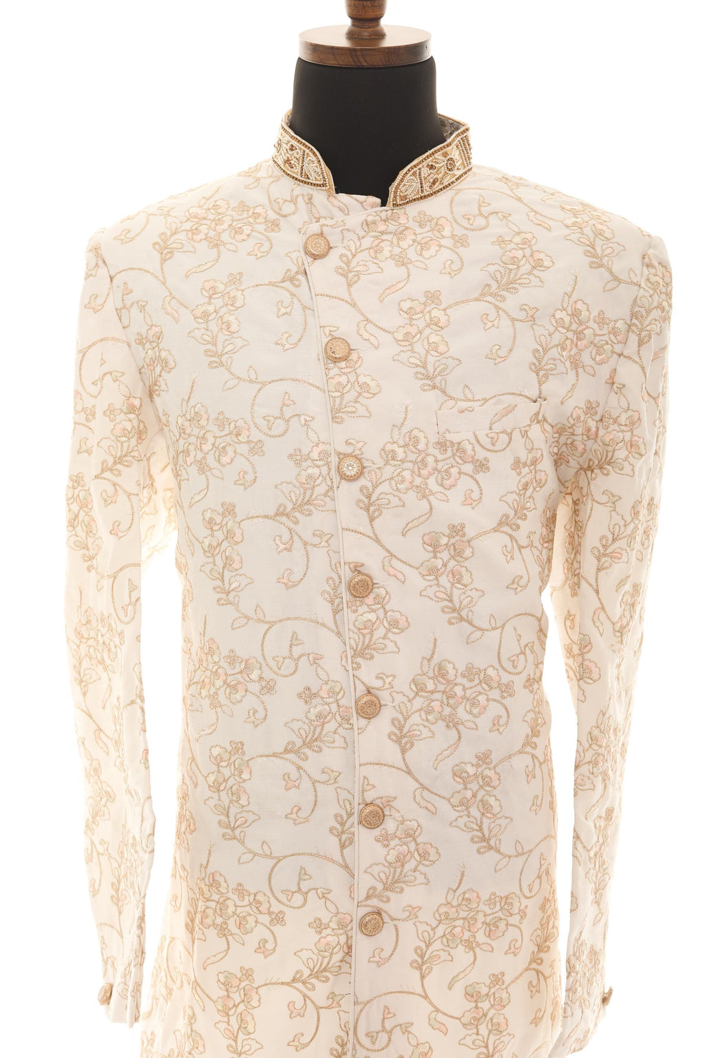 Elegant Cream Embroidered Sherwani Set with Gold Pants