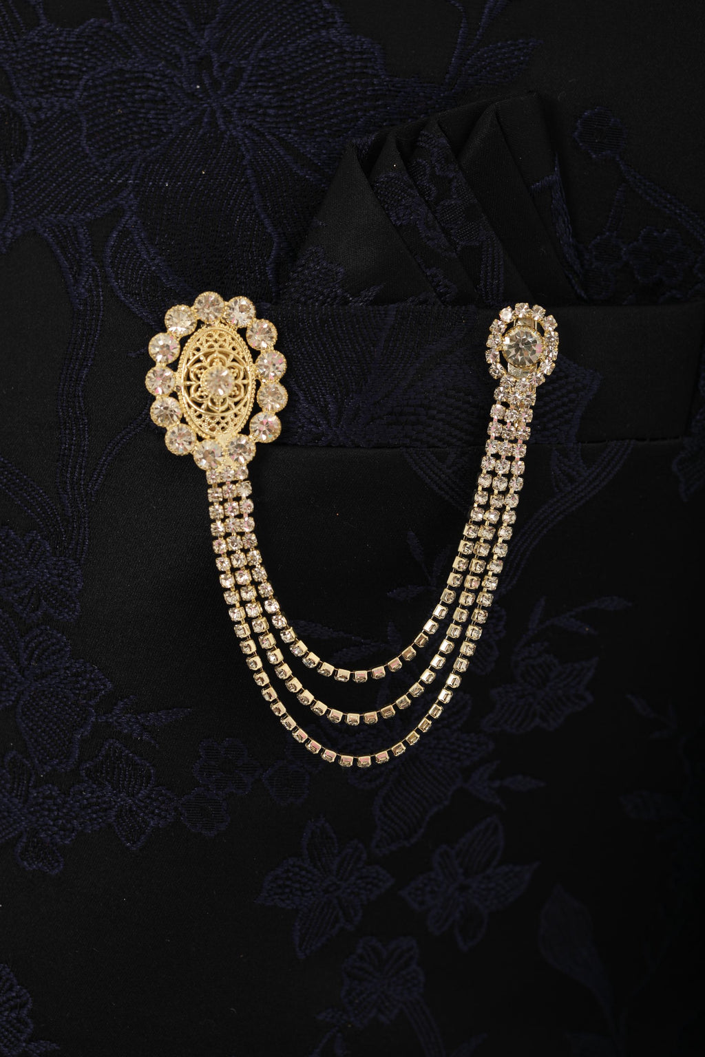 Elegant Oval Crystal Chain Brooch for Men  Gold & Silver Finish