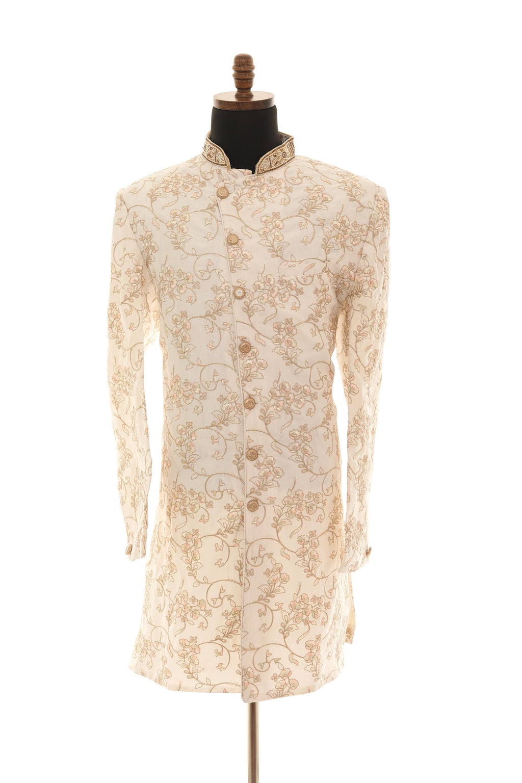 Elegant Cream Embroidered Sherwani Set with Gold Pants