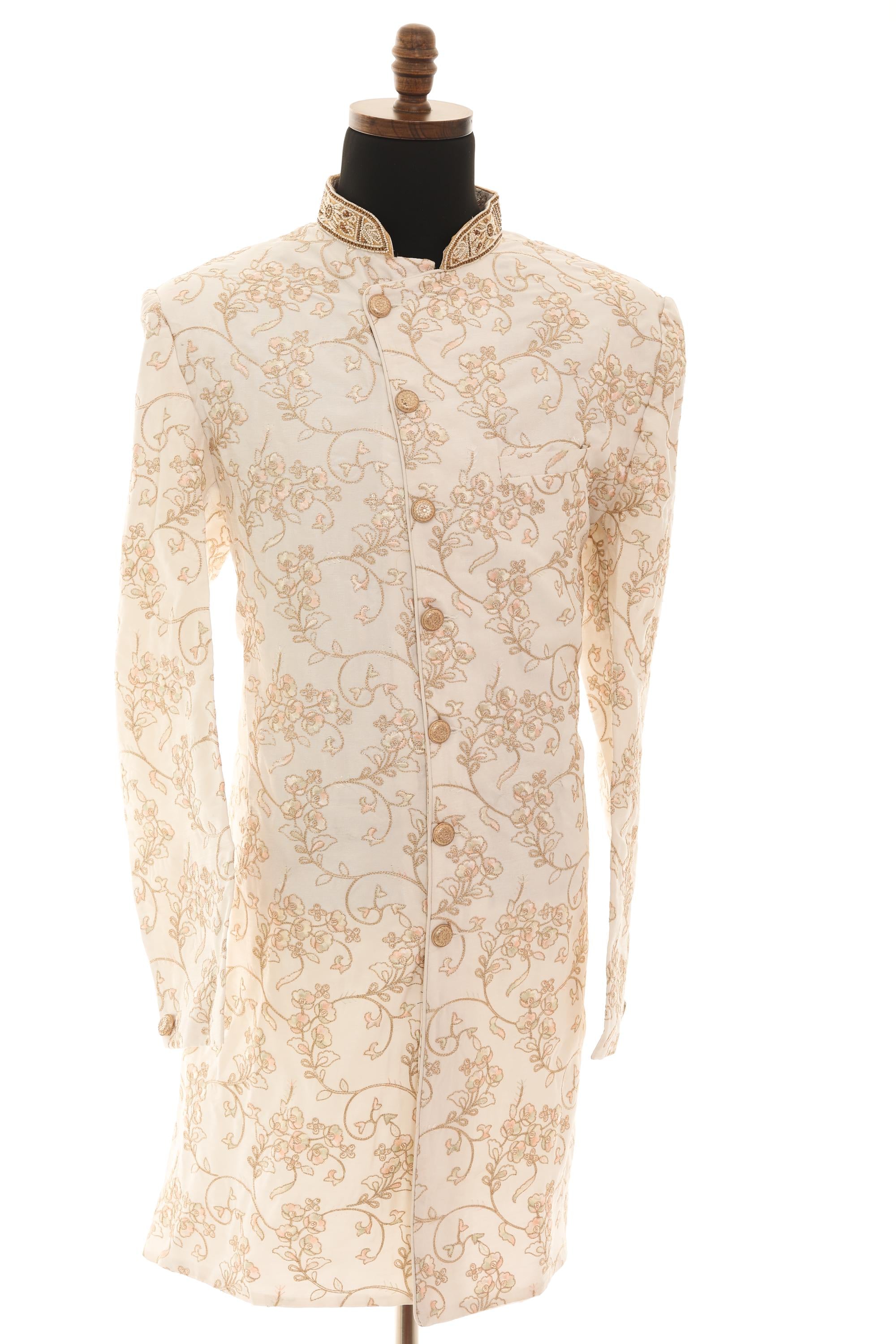 Elegant Cream Embroidered Sherwani Set with Gold Pants