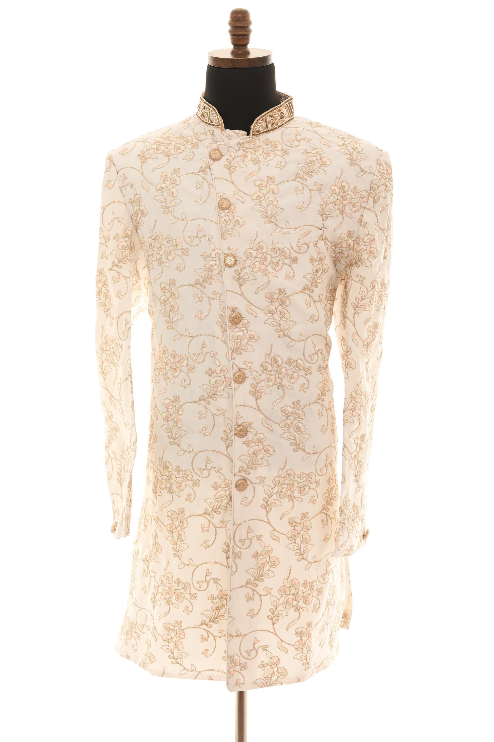 Elegant Cream Embroidered Sherwani Set with Gold Pants