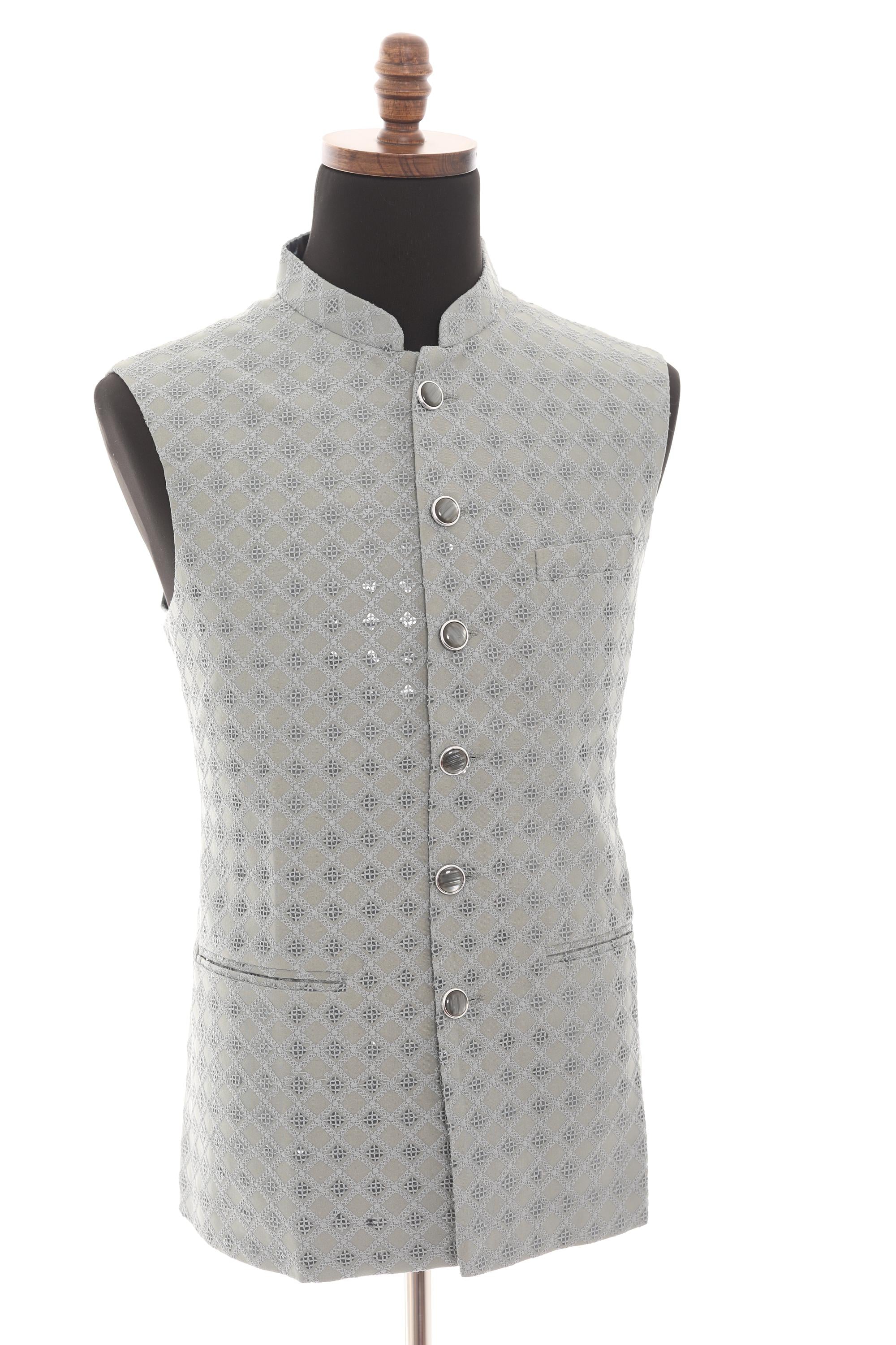 Mens Soft Grey Vest  Self-Embroidered Fabric with Sequins