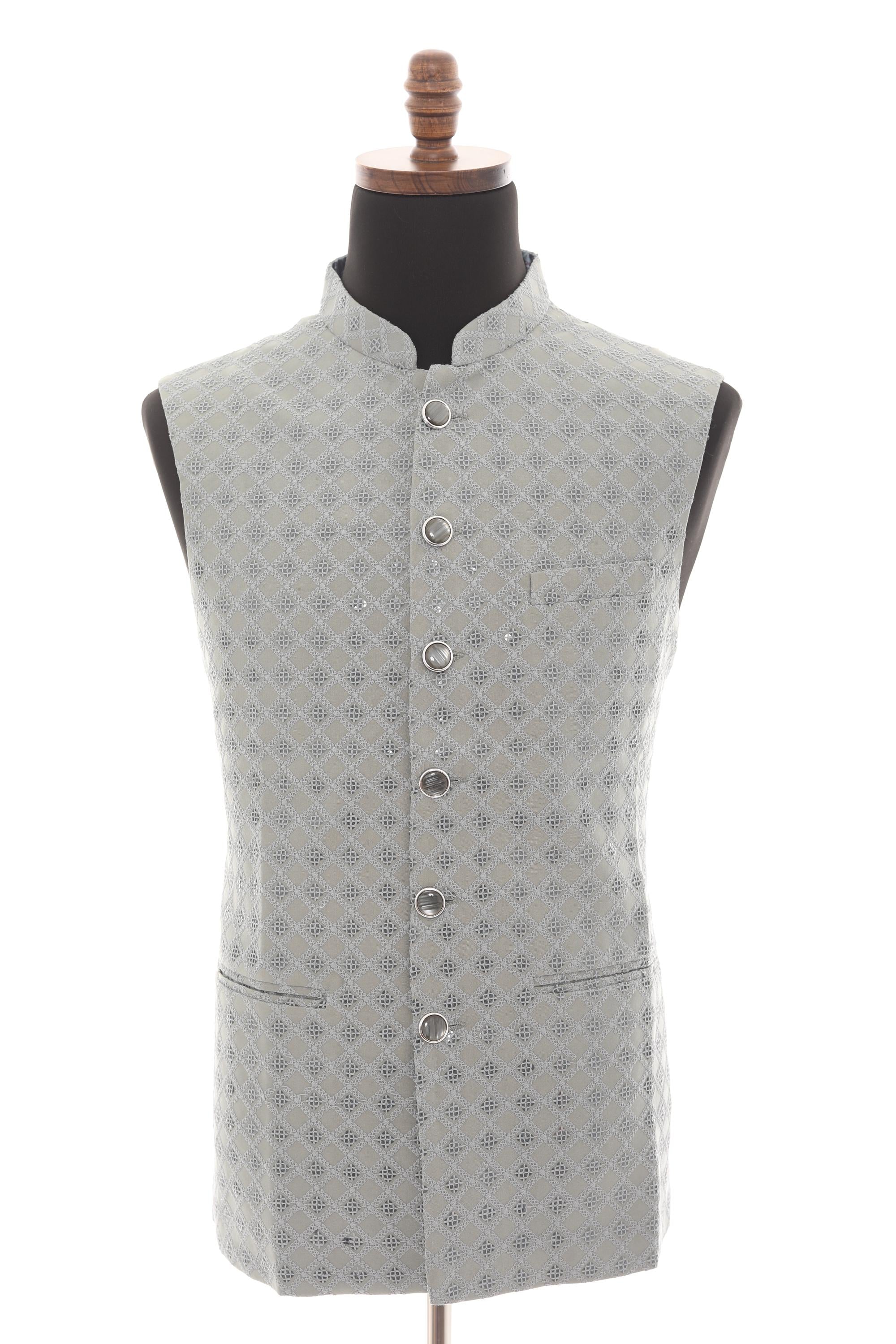 Mens Soft Grey Vest  Self-Embroidered Fabric with Sequins